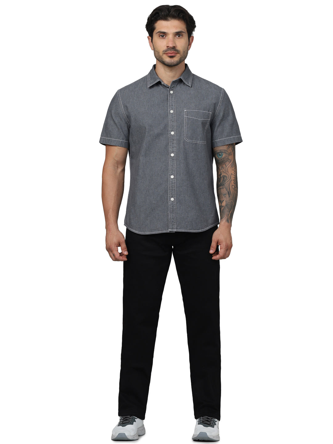 Celio* Solid Regular Fit Cotton Grey Shirt