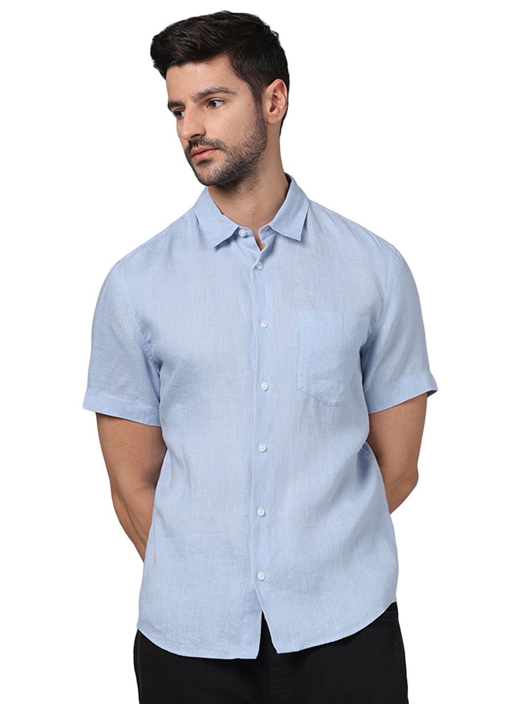 Celio* Solid Regular Fit Linen Blue Shirt