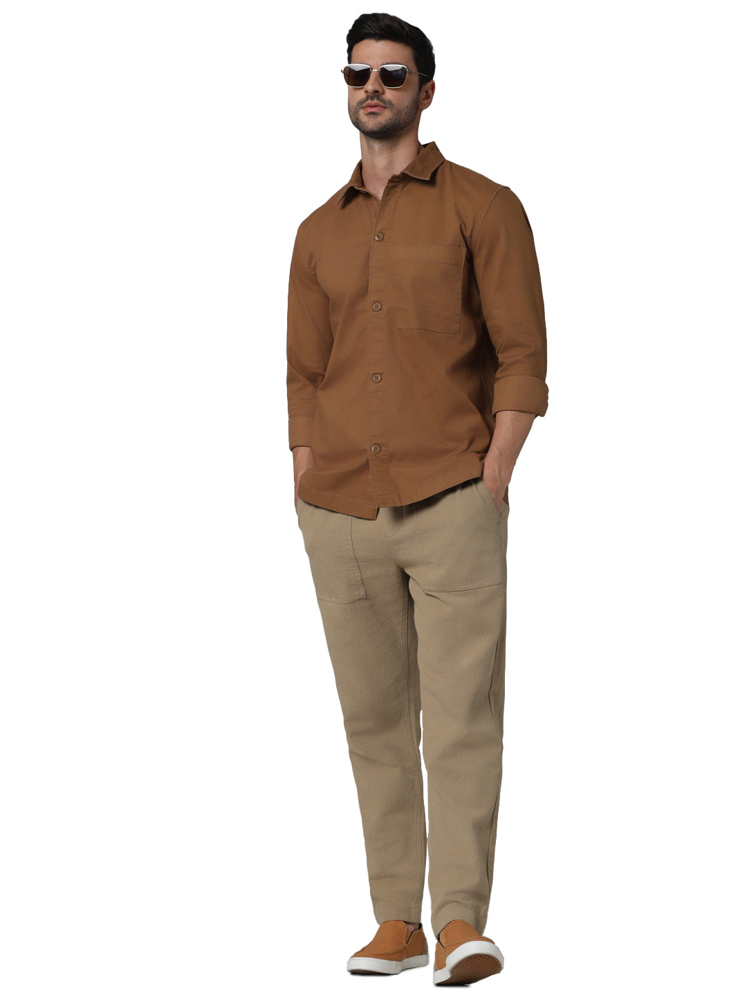 Celio* Solid Oversized Cotton Brown Shirt
