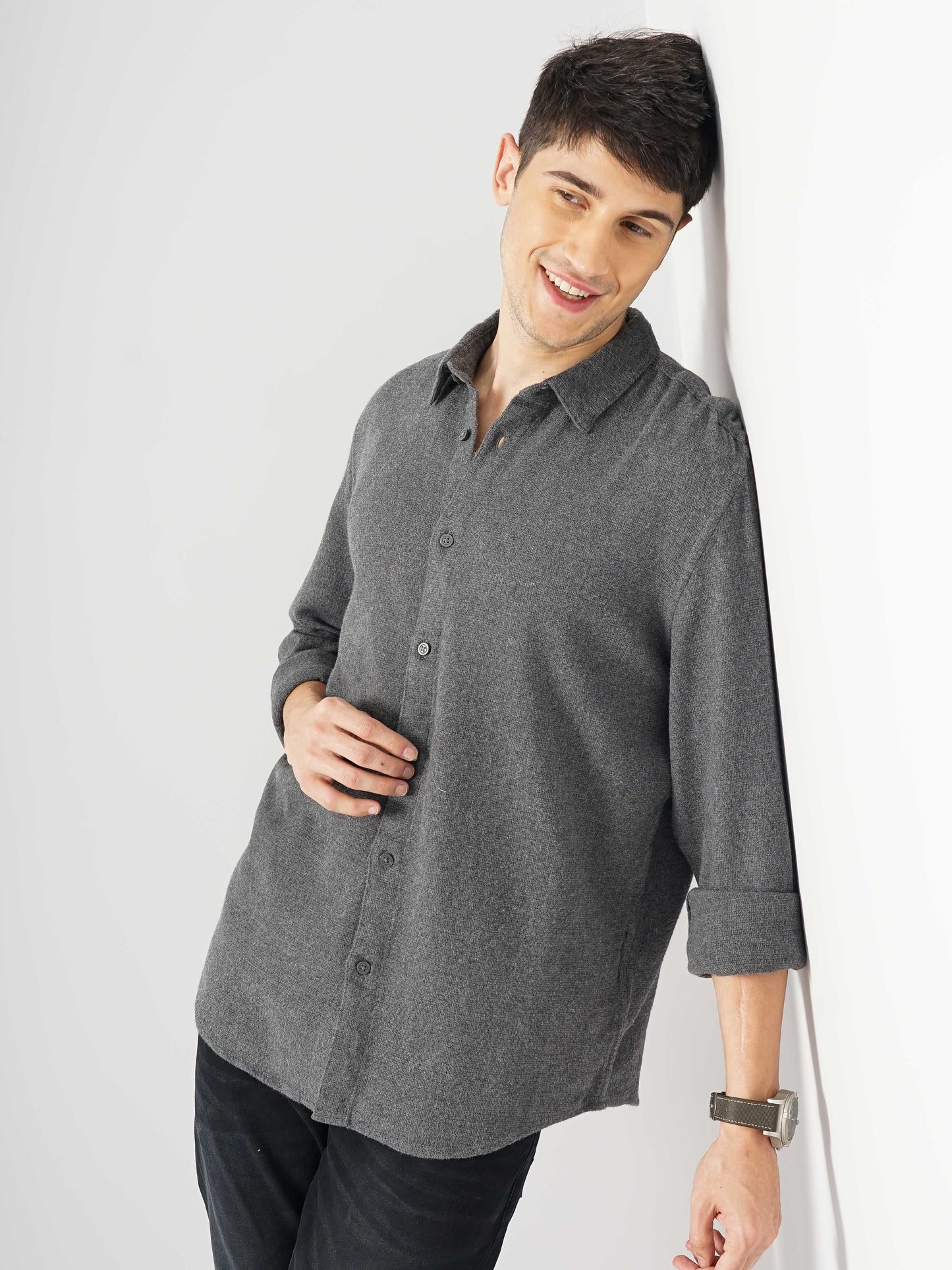 Celio* Solid Regular Fit Cotton Grey Shirt