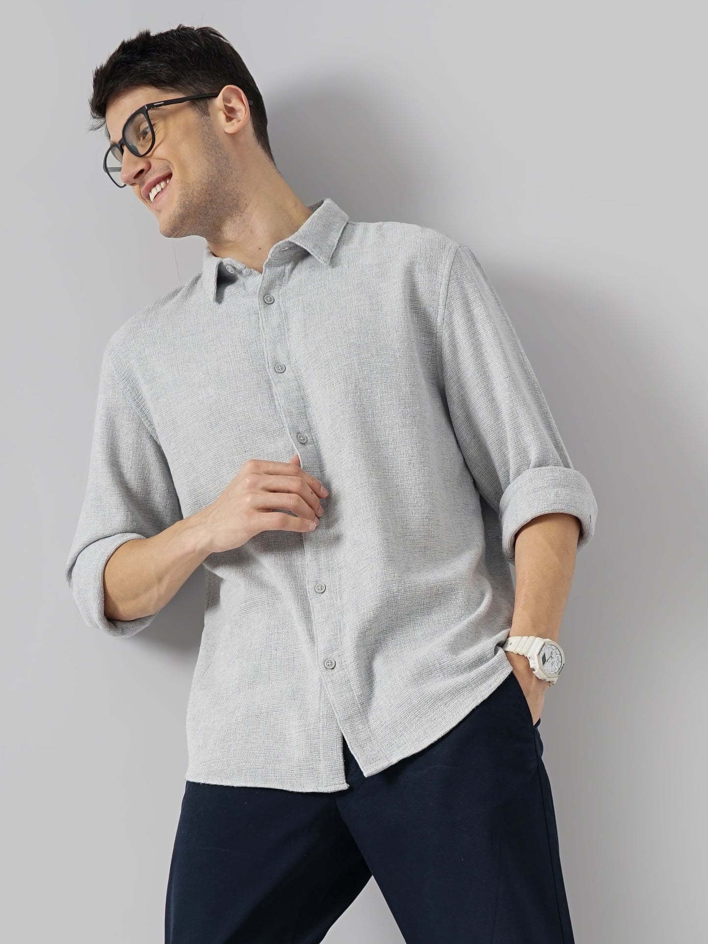 Celio* Solid Regular Fit Cotton Grey Shirt