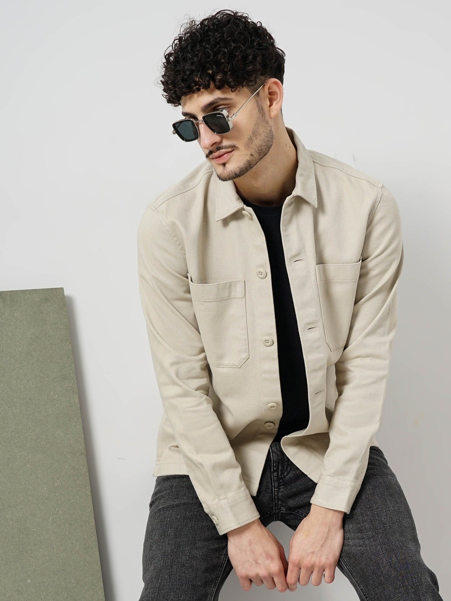 Celio* Solid Oversized Cotton Beige Shirt