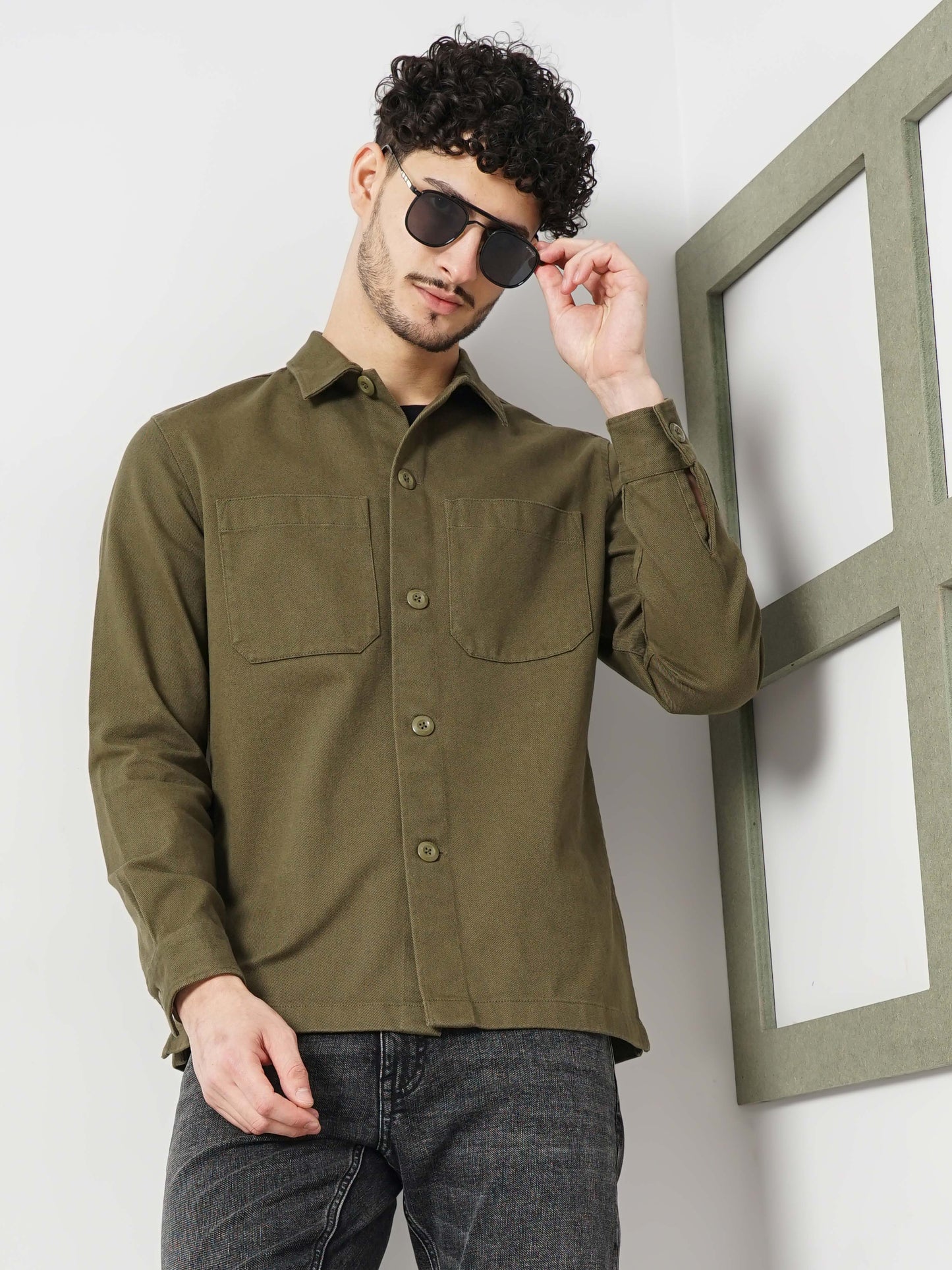 Celio* Solid Oversized Cotton Khaki Shirt