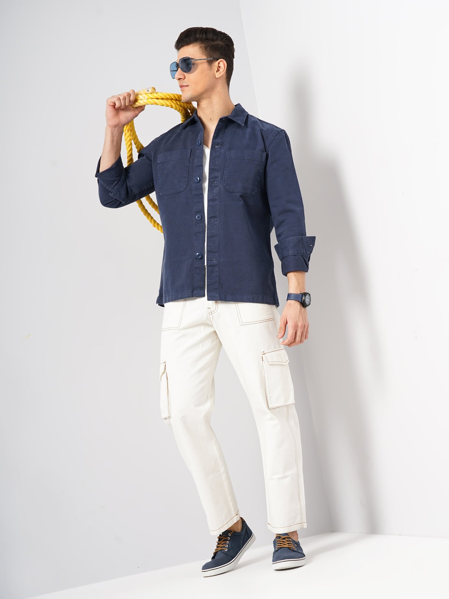 Celio* Solid Oversized Cotton Navy Blue Shirt