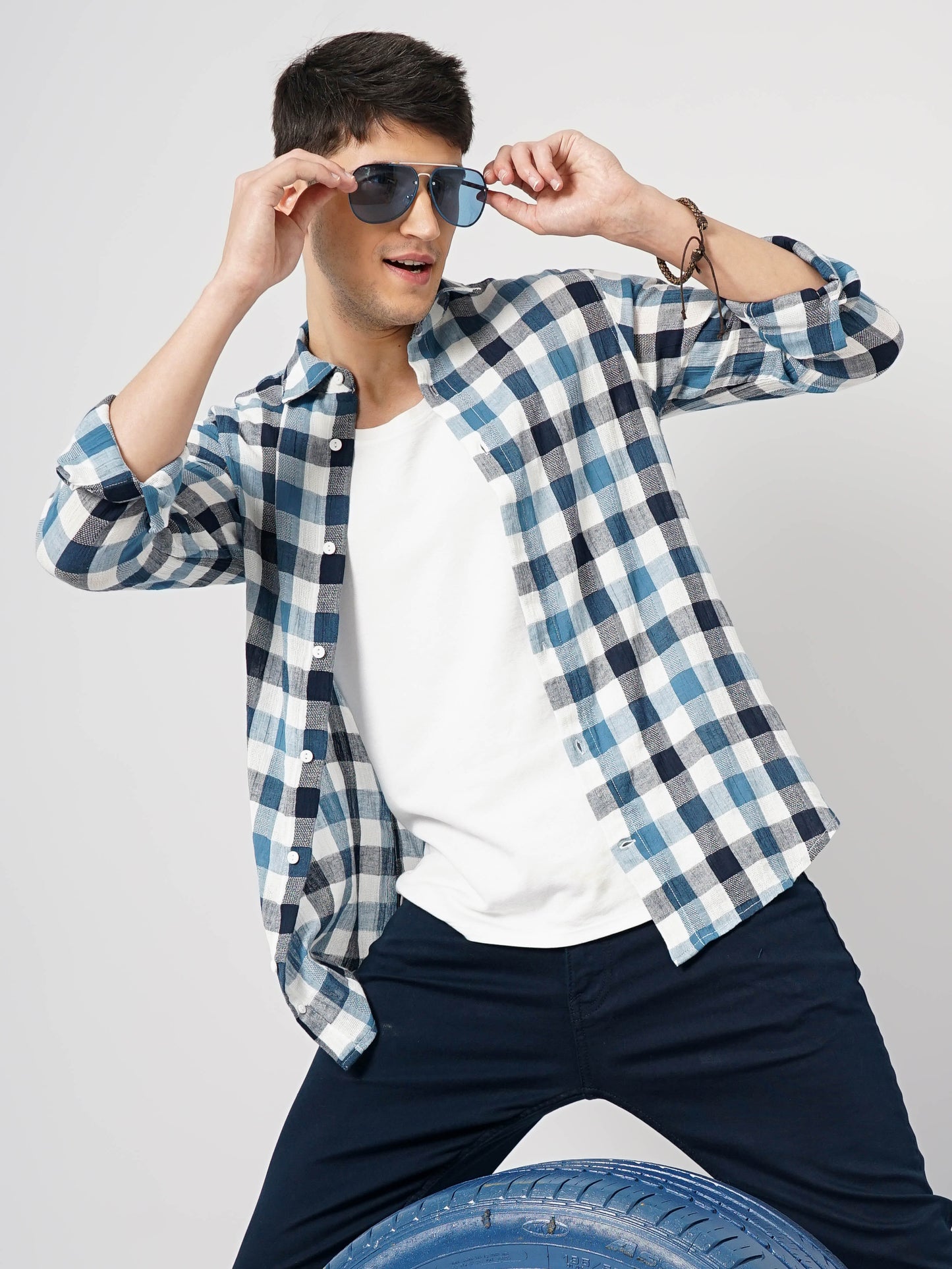 Celio* Checked Regular Fit Cotton Blue Shirt