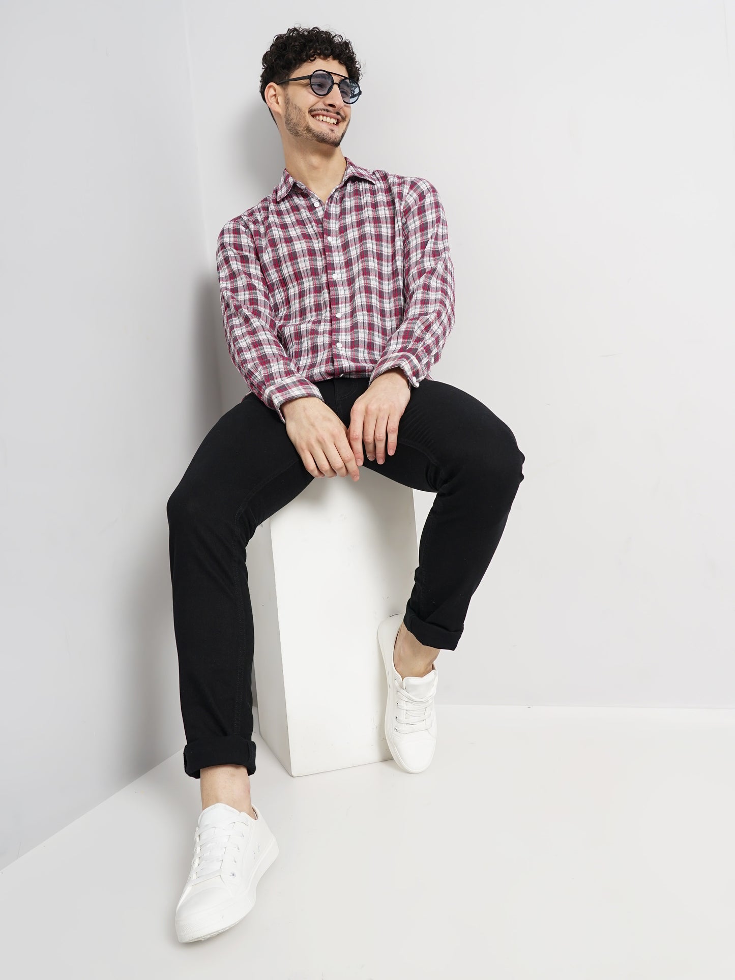 Celio* Checked Regular Fit Cotton Pink Shirt