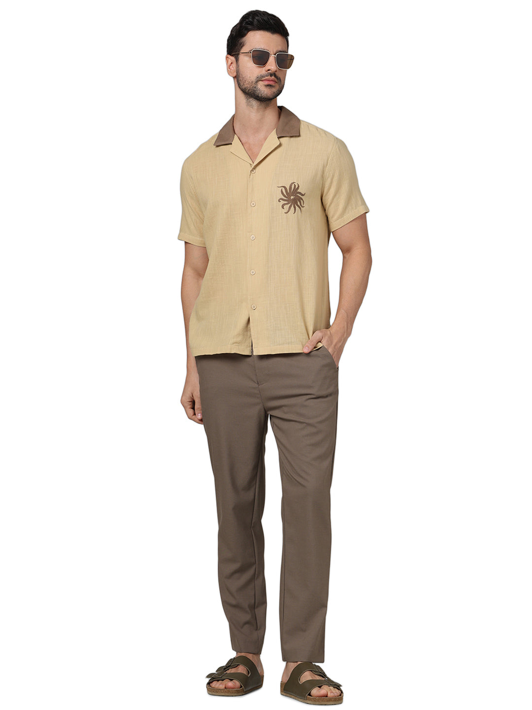 Celio* Embroidered Regular Fit Cotton Brown Shirt