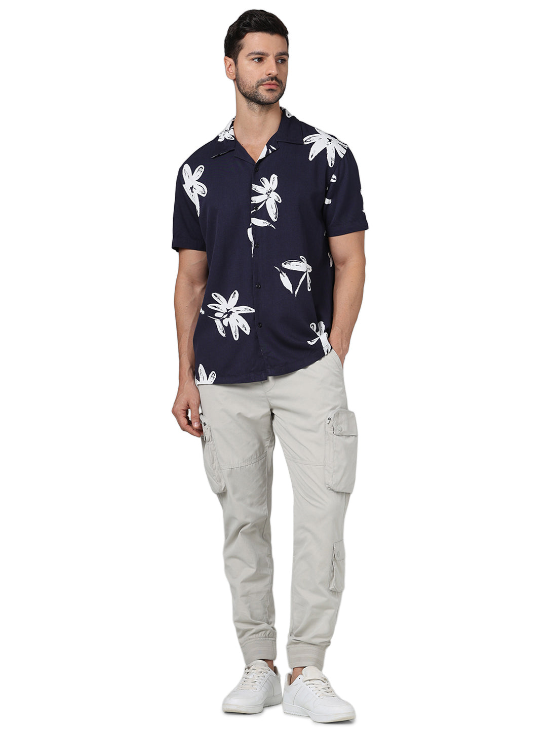 Celio* Floral Regular Fit Viscose Navy Blue Shirt