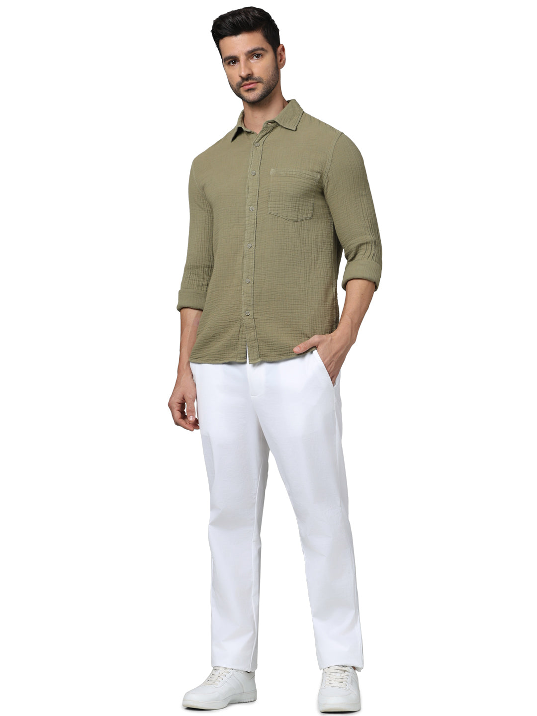 Celio* Solid Regular Fit Cotton Olive Shirt