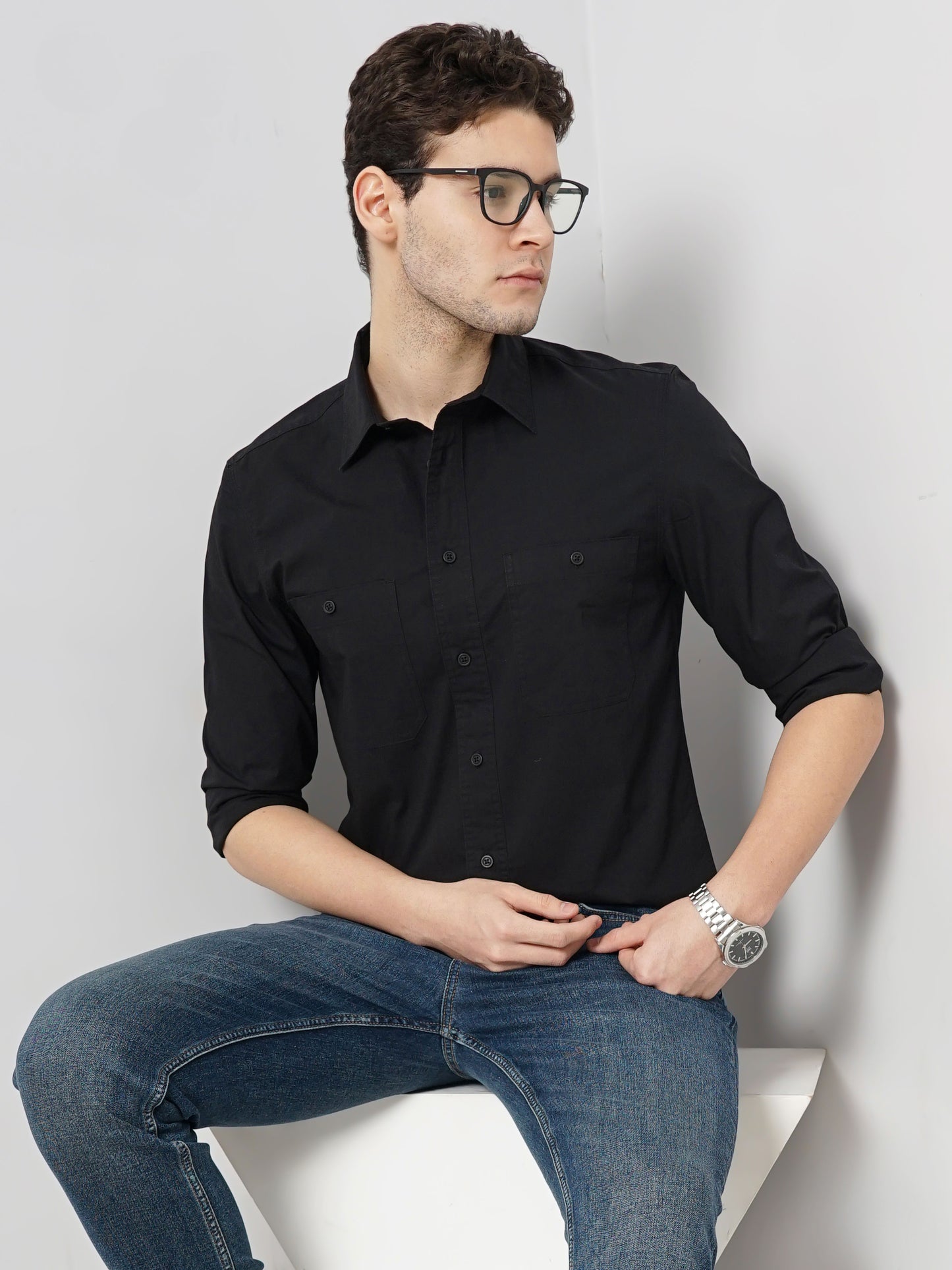 Celio* Solid Regular Fit Cotton Black Shirt
