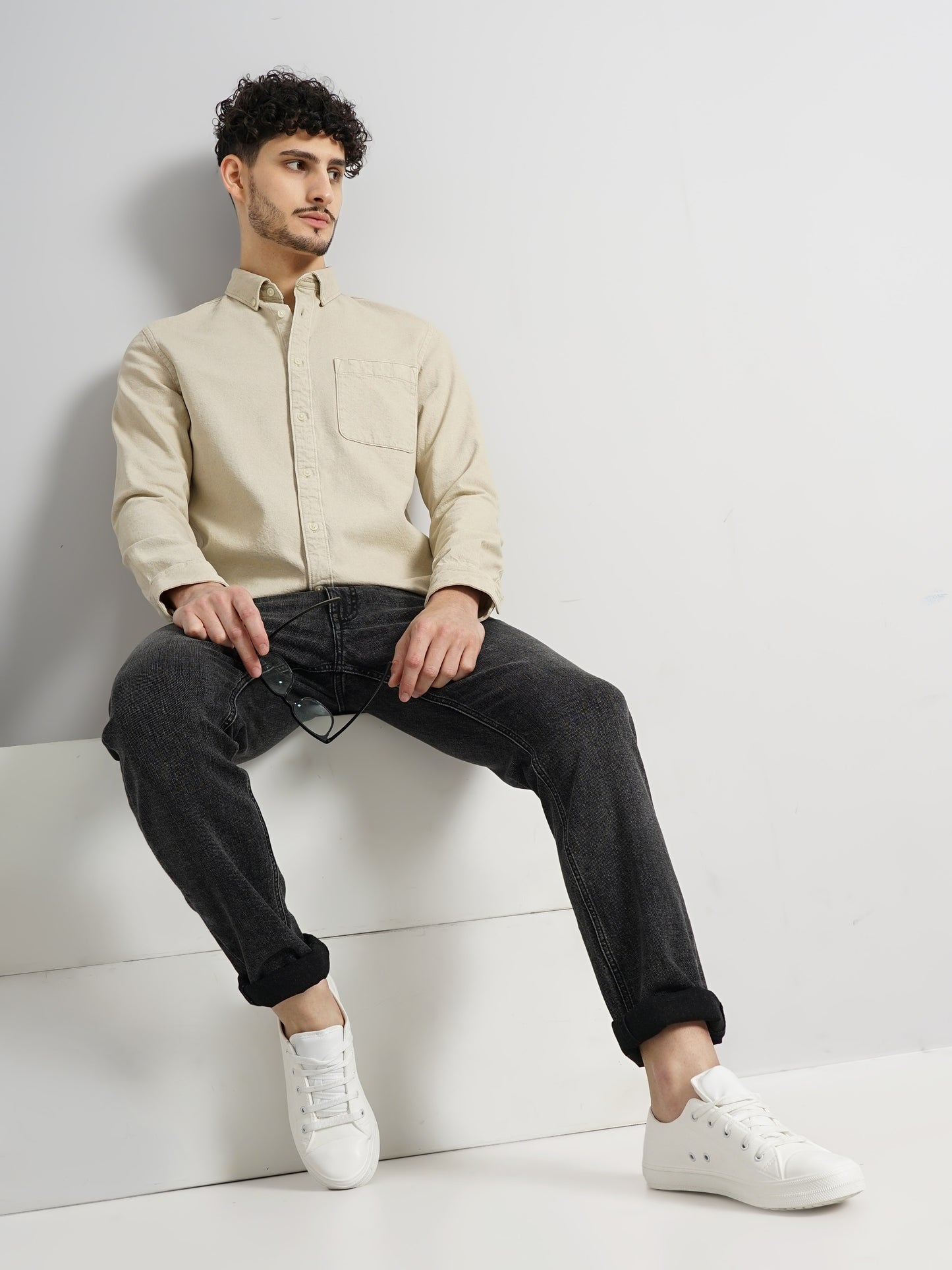 Celio* Solid Oversized Cotton Beige Shirt