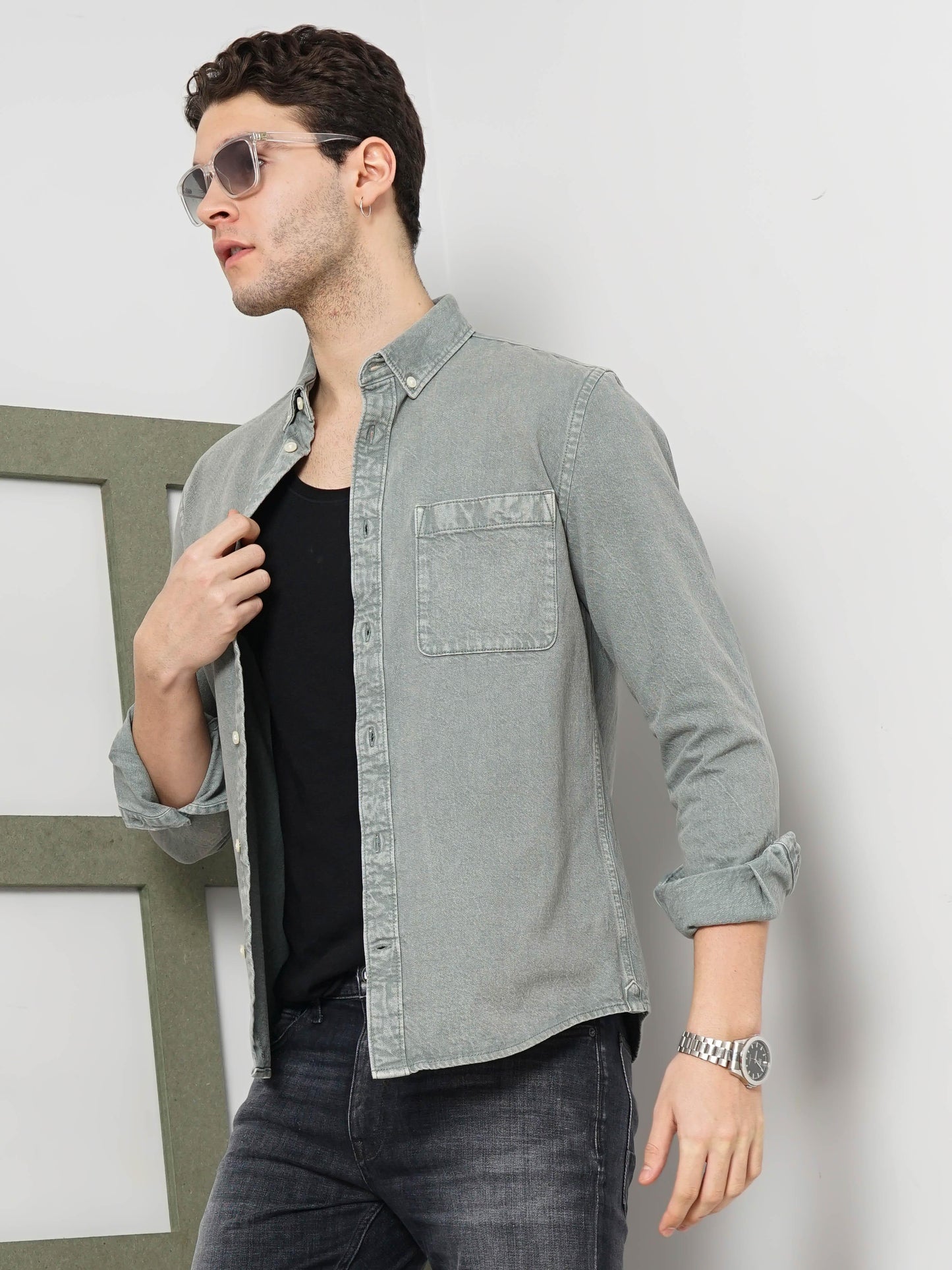 Celio* Solid Regular Fit Cotton Green Shirt