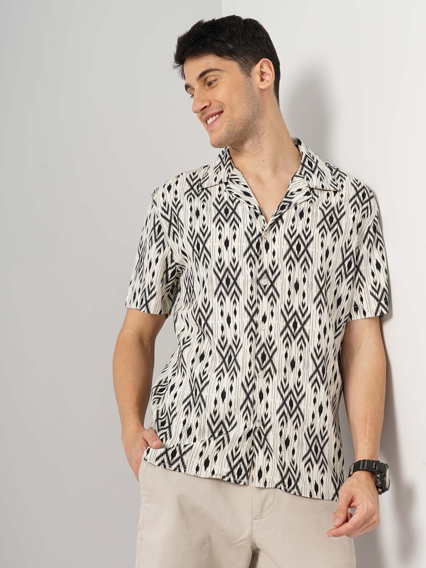 Celio* Printed Regular Fit Viscose Off White Shirt