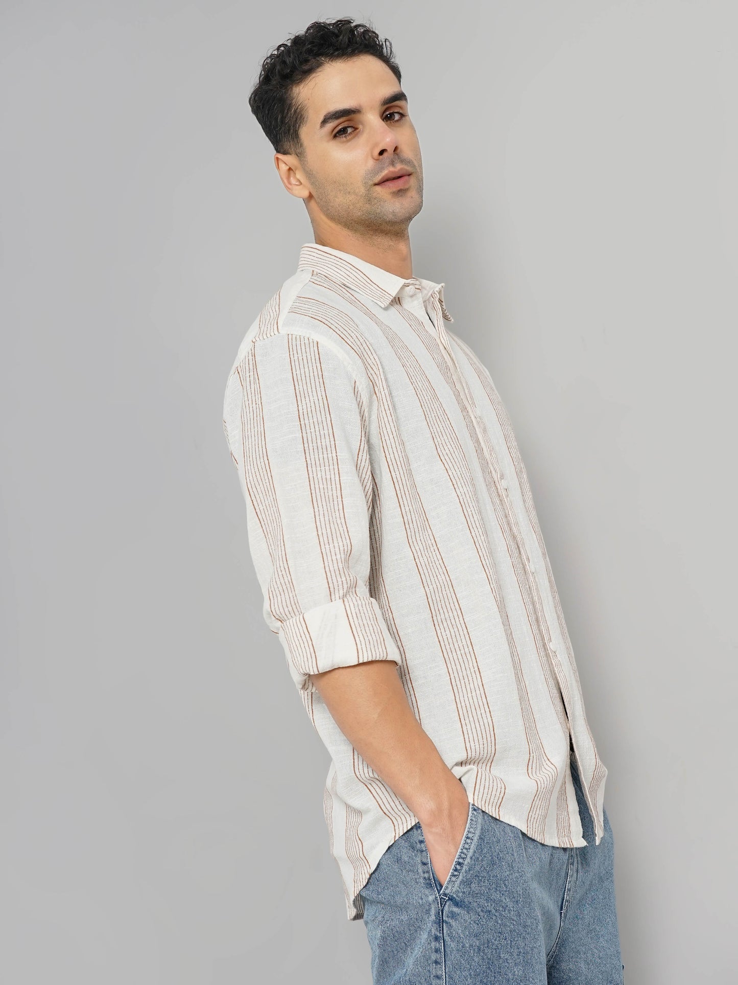 Celio* Striped Slim Fit Cotton Brown Shirt