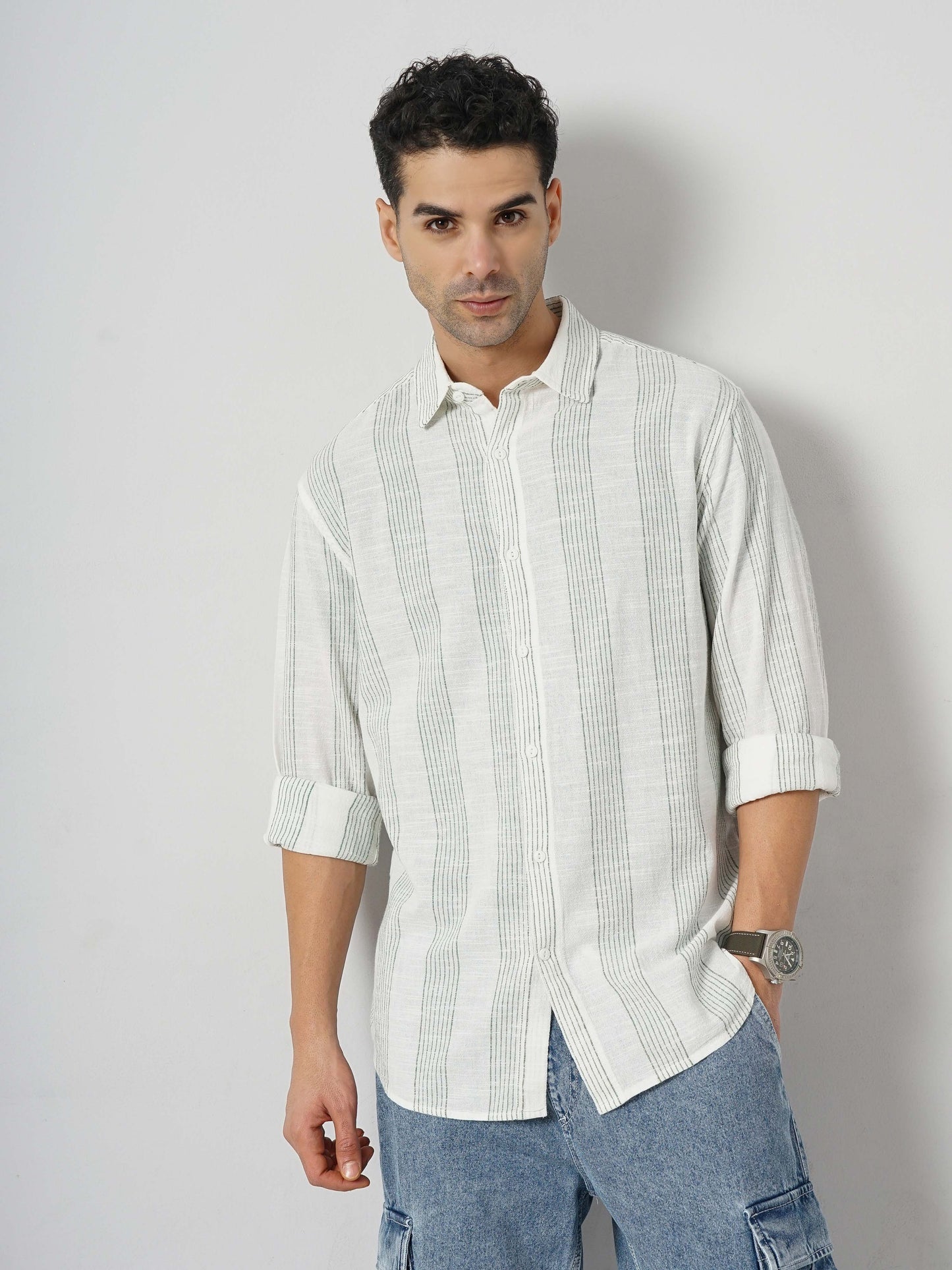 Celio* Striped Slim Fit Cotton Green Shirt