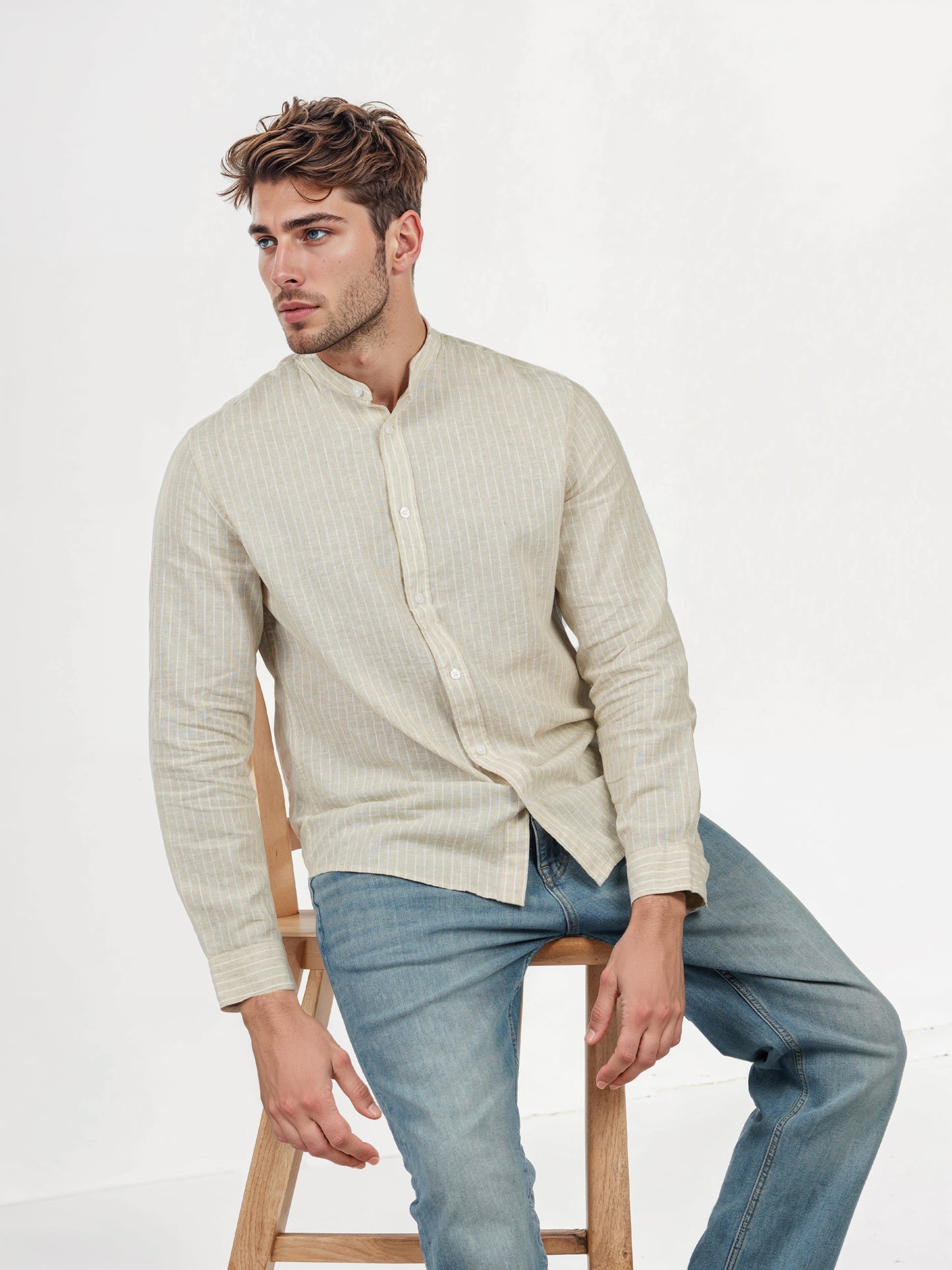 Celio* Striped Regular Fit Linen Blend Cream Shirt