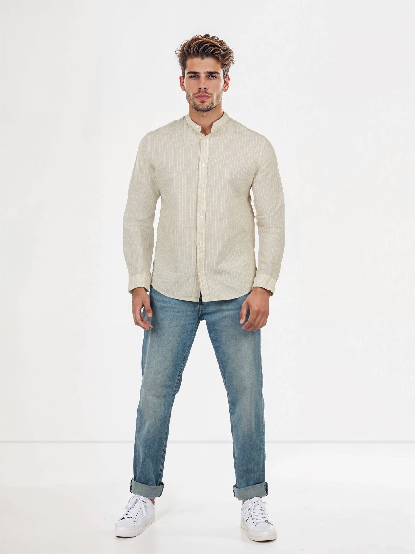 Celio* Striped Regular Fit Linen-Blend Beige Shirts