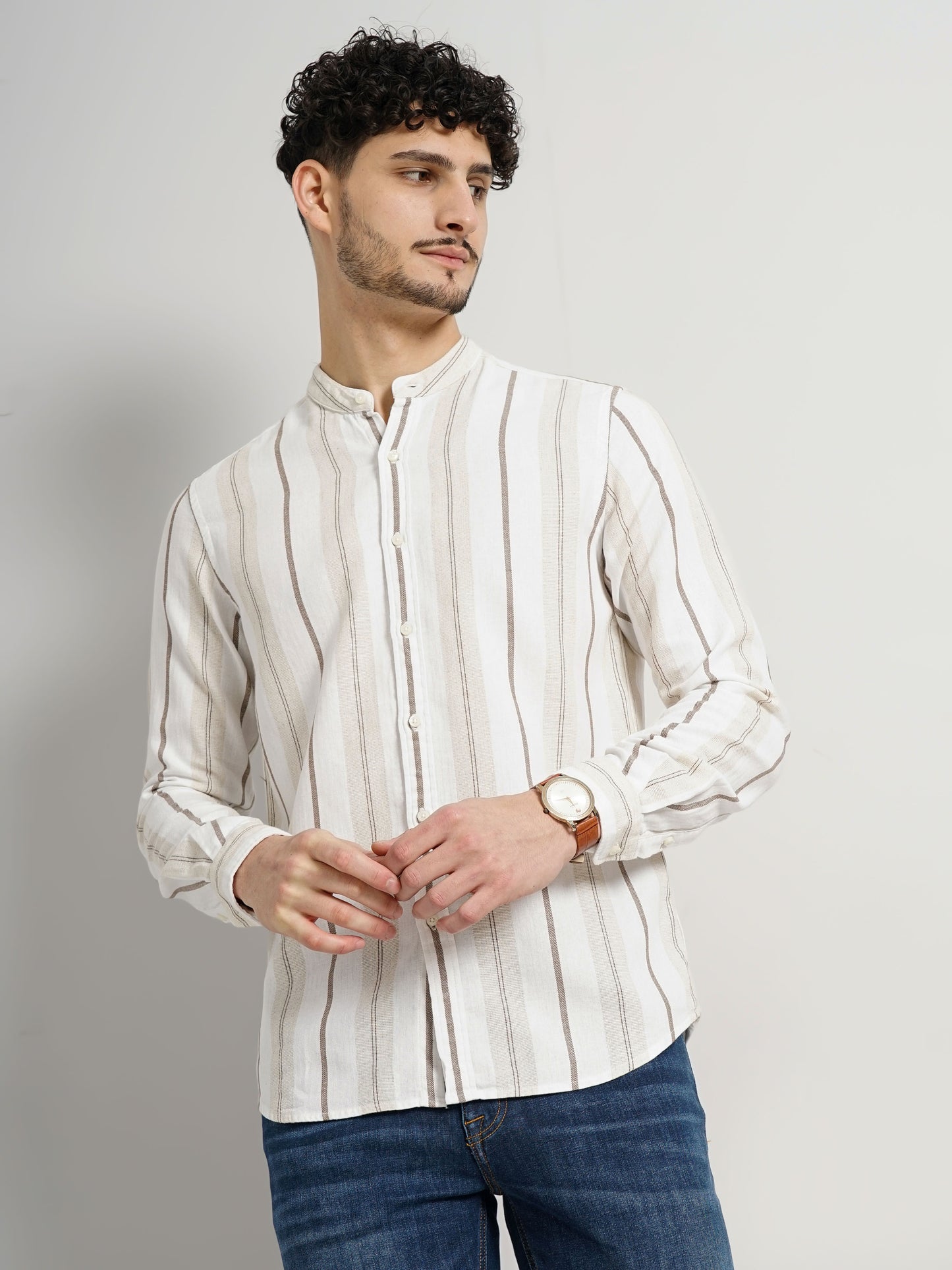 Celio* Striped Regular Fit Linen Brown Shirt
