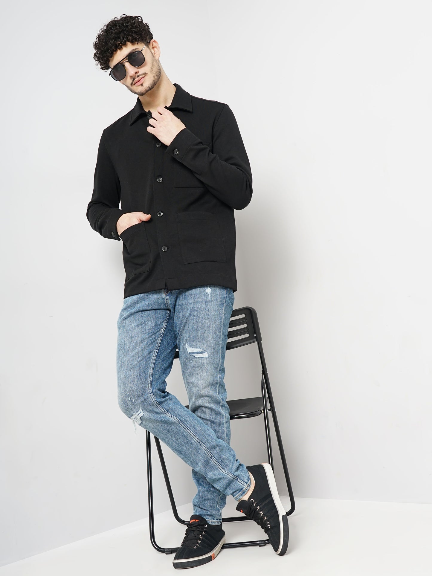 Celio* Solid Oversized Cotton Black Shirt