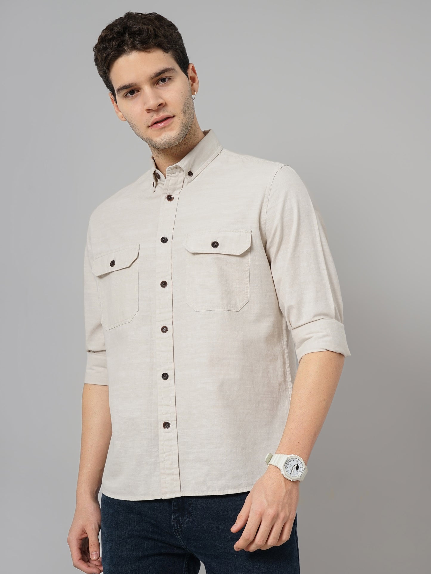 Celio* Solid Regular Fit Cotton Beige Shirt