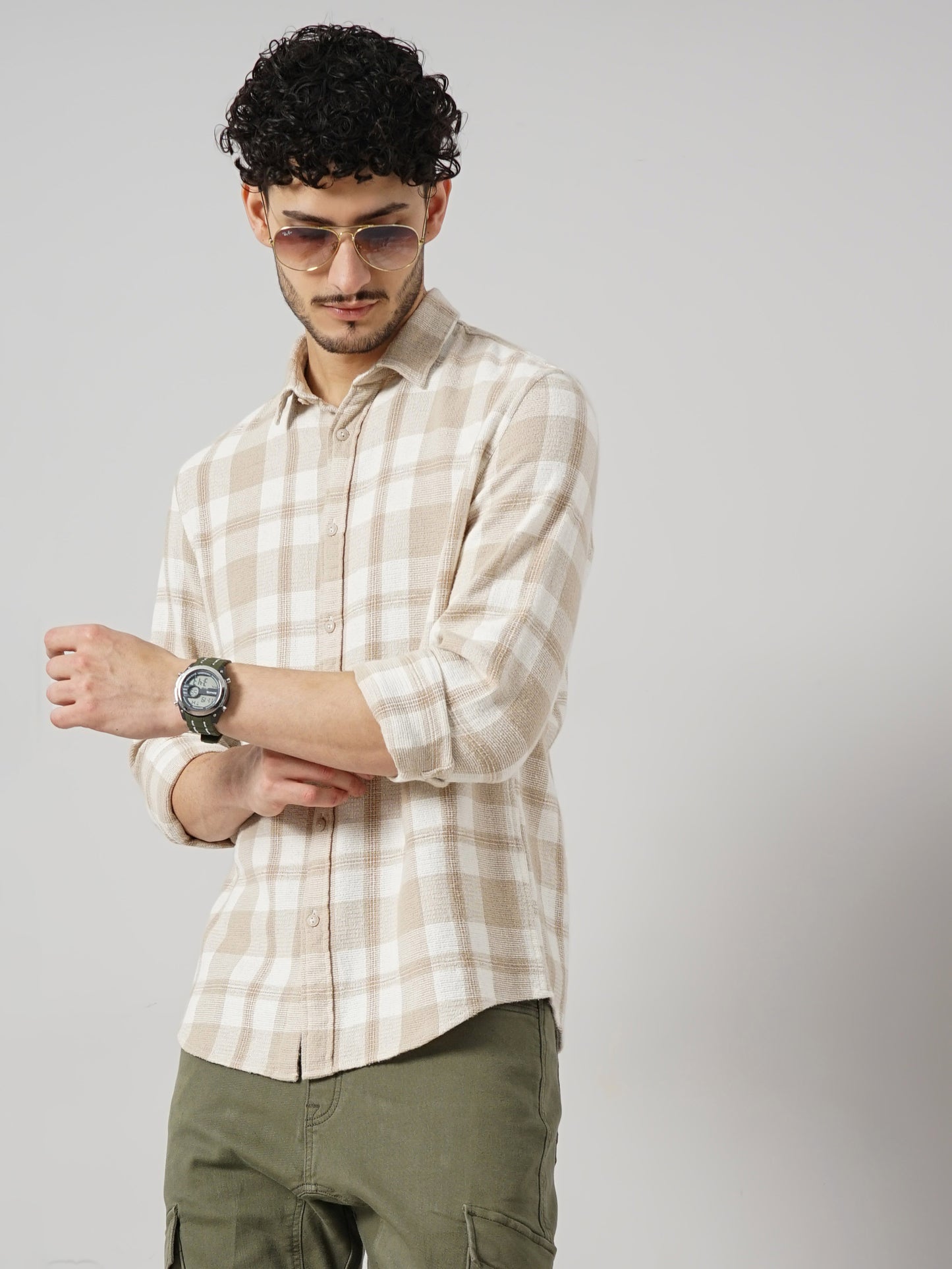 Celio* Checked Regular Fit Cotton Beige Shirt