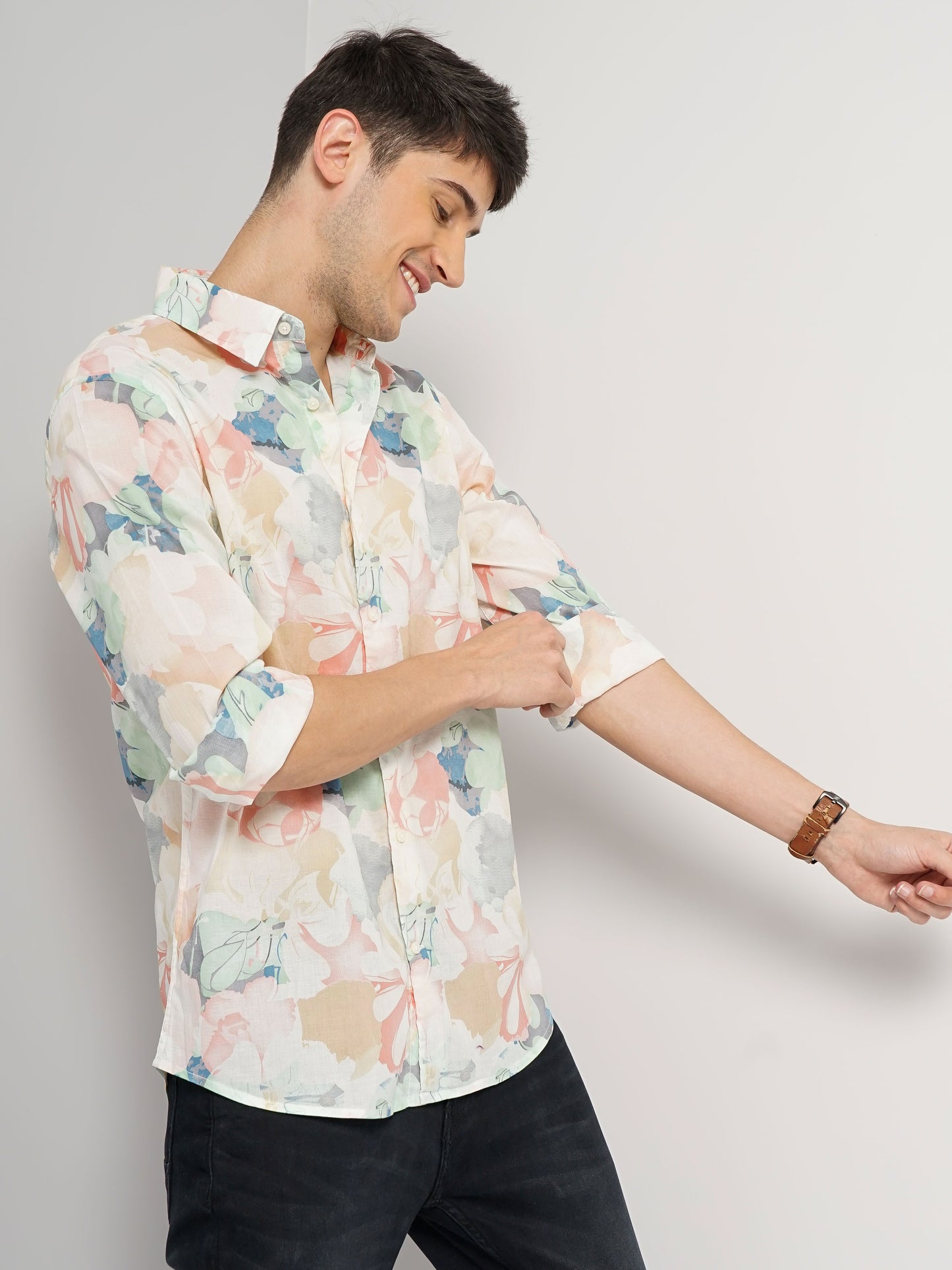 Celio* Printed Regular Fit Cotton Peach Shirt