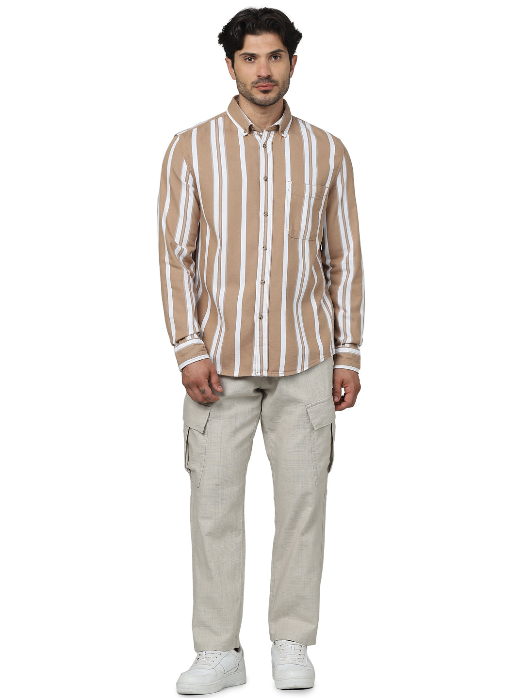Celio* Striped Regular Fit Cotton Brown Shirt