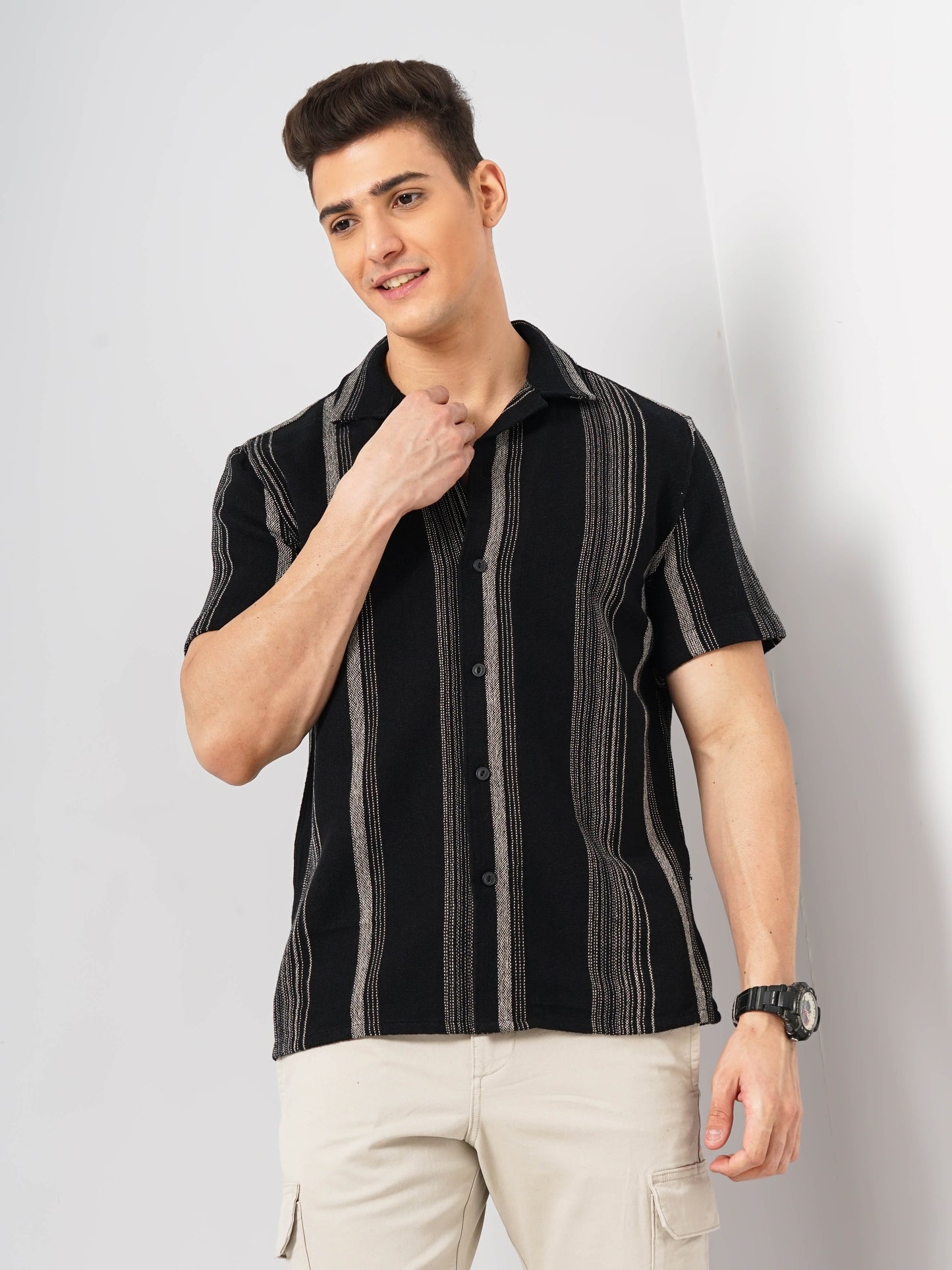 Celio* Striped Regular Fit Cotton Black Shirt