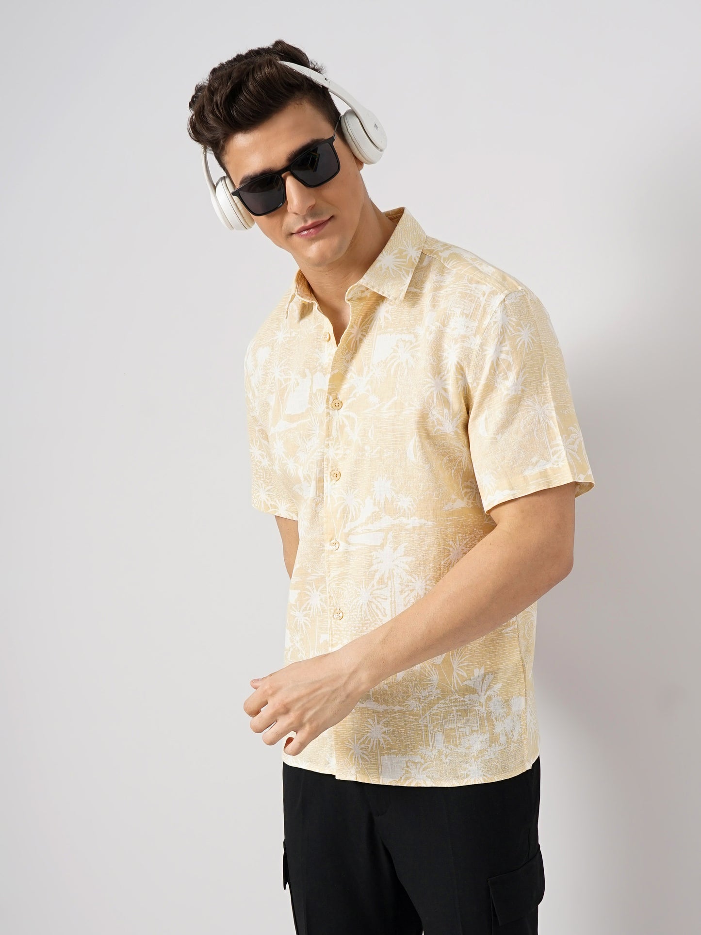 Celio* Printed Regular Fit Linen Beige Shirt