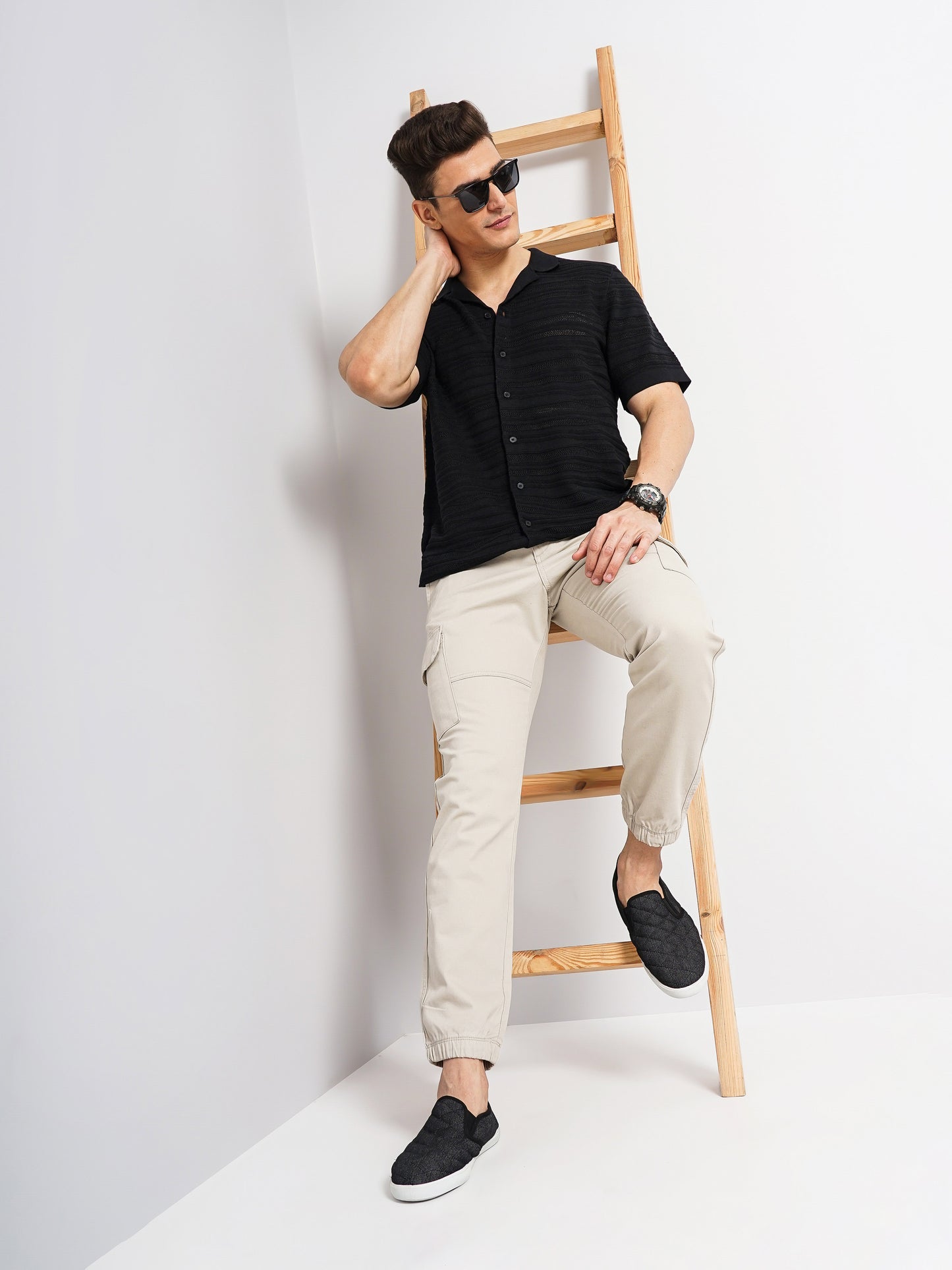 Celio* Solid Regular Fit Linen Black Shirt