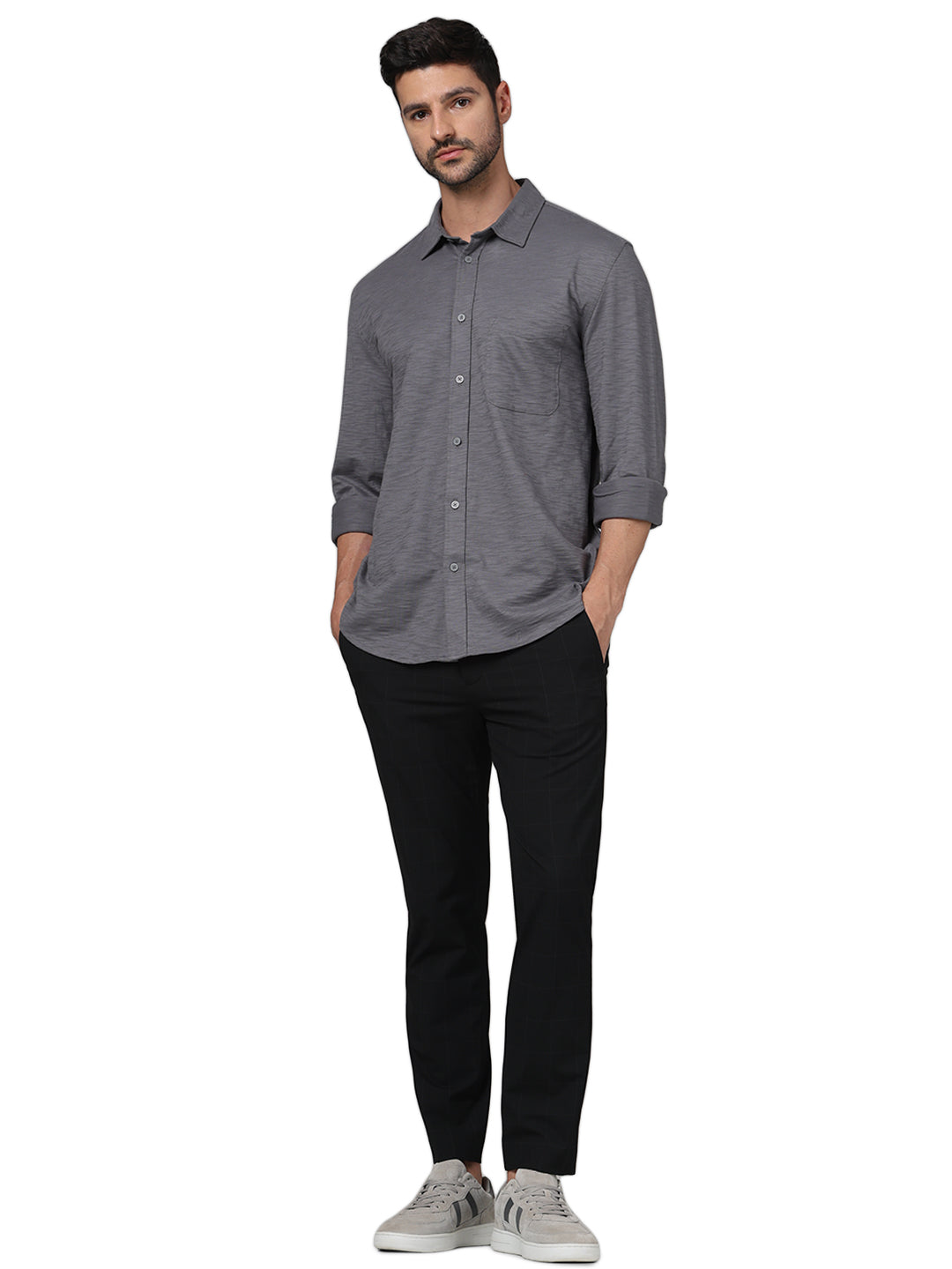 Celio* Solid Regular Fit Cotton Grey Shirt