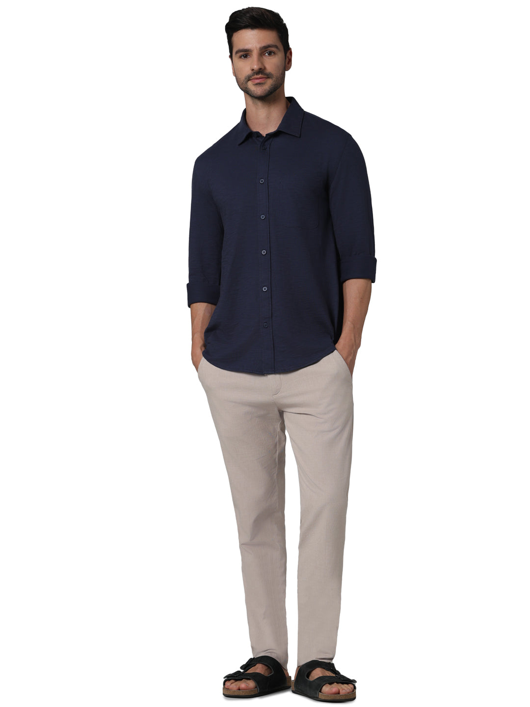 Celio* Solid Regular Fit Cotton Navy Blue Shirt