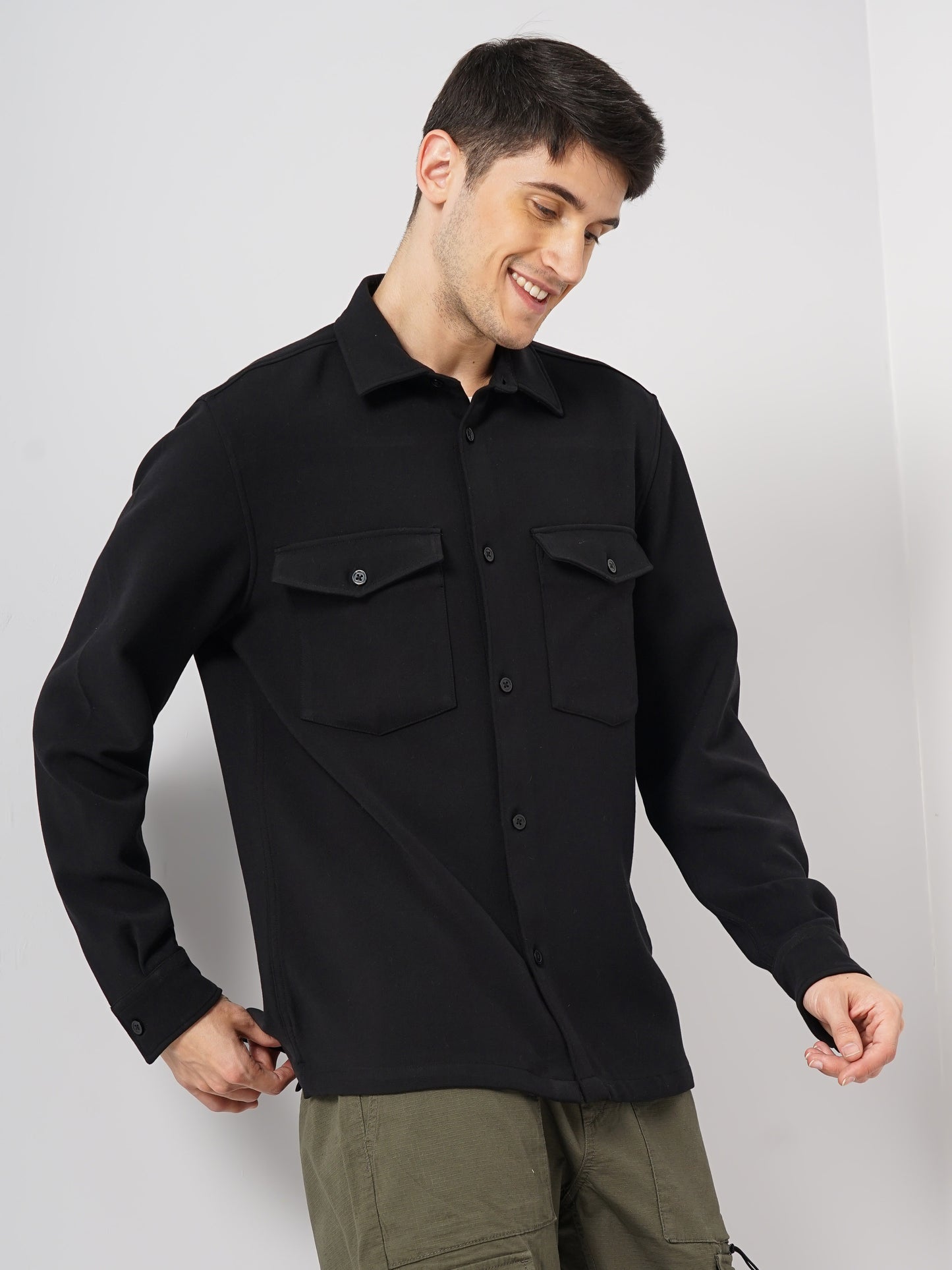 Celio* Solid Regular Fit Polyester Black Shirt