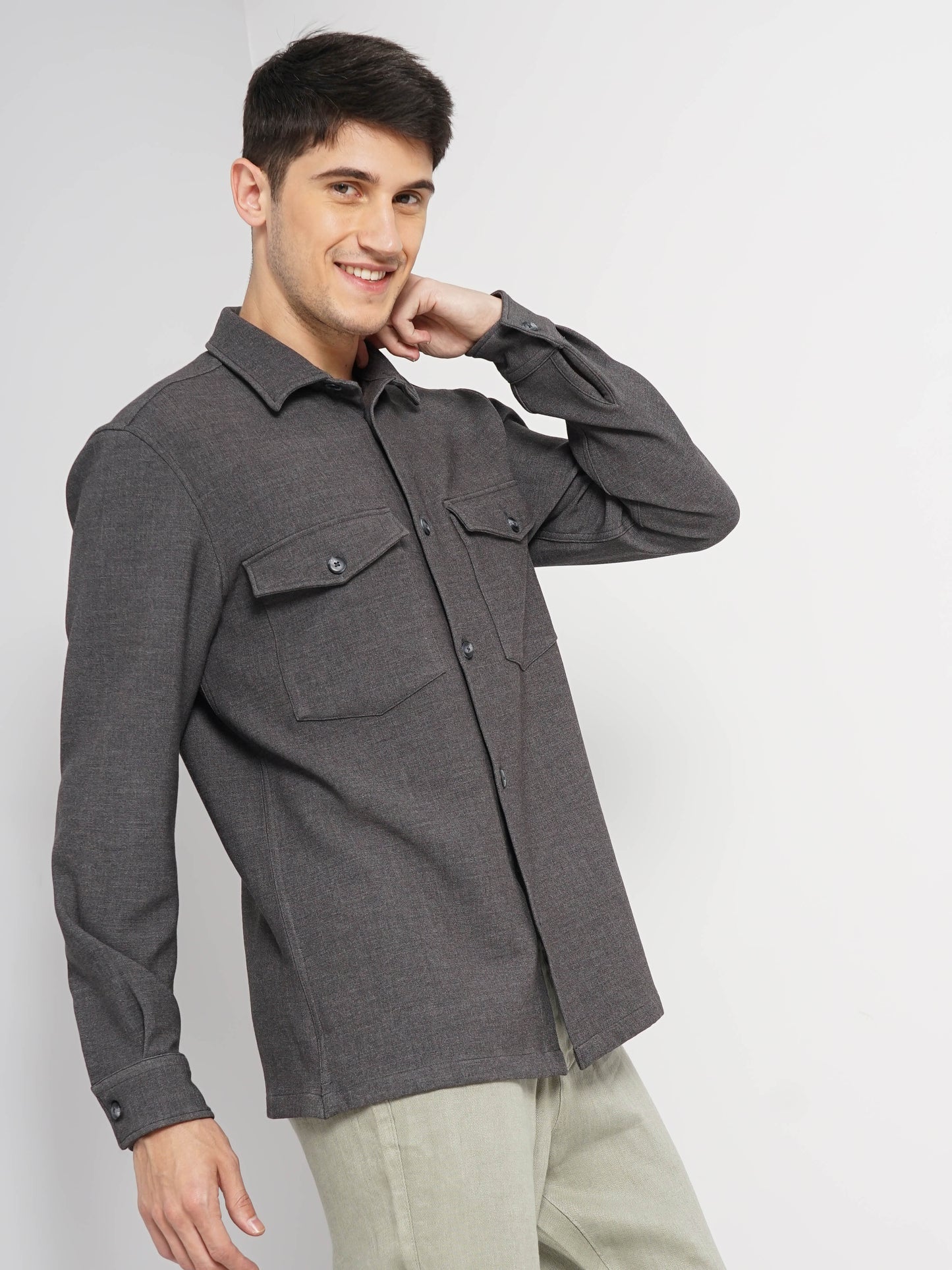 Celio* Solid Regular Fit Polyester Grey Shirt