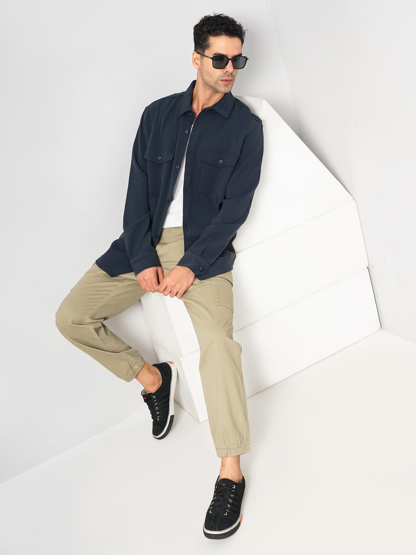 Celio* Solid Oversized Polyester Navy Blue Shirt