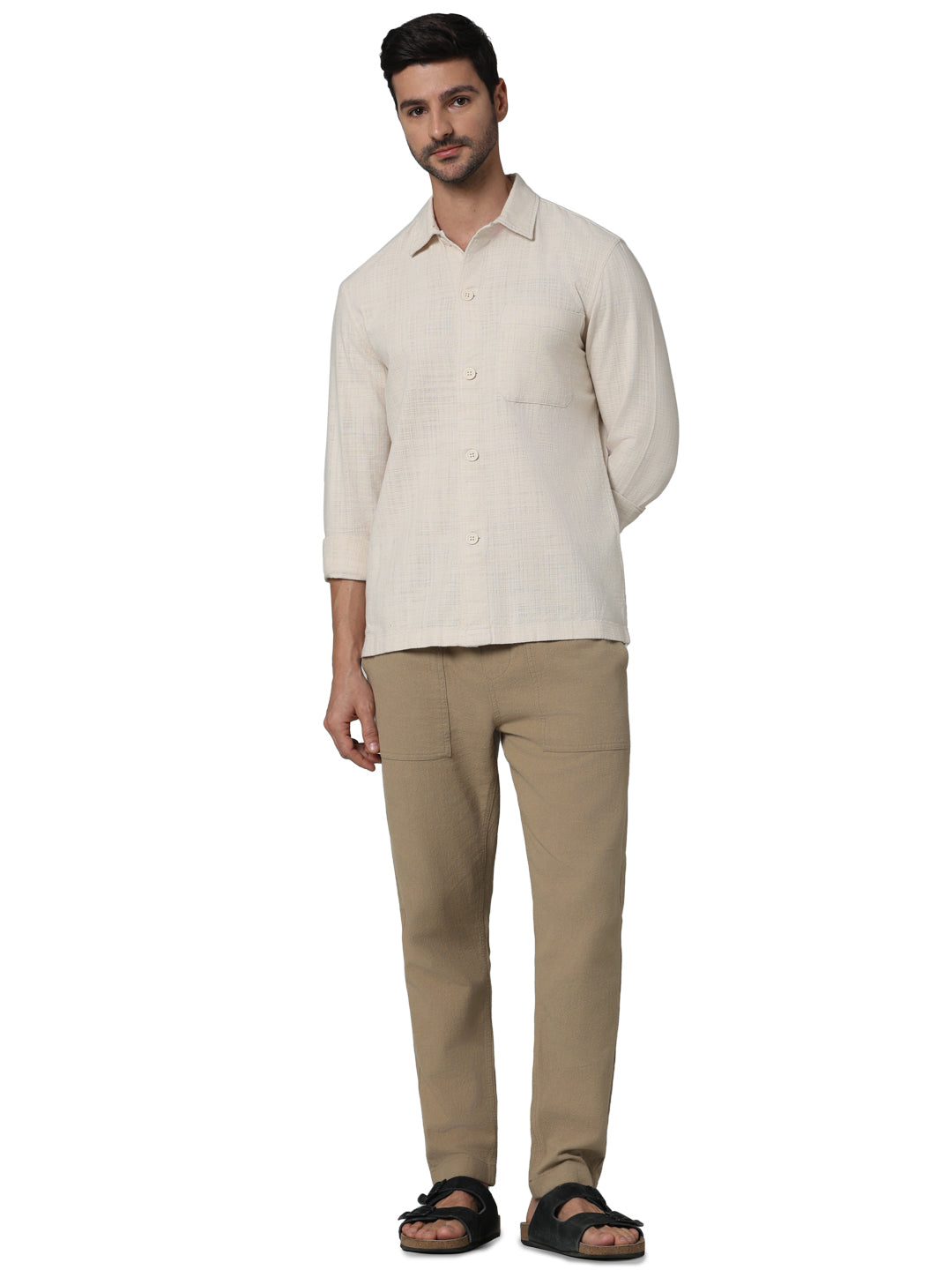 Celio* Solid Oversized Cotton Off White Shirt