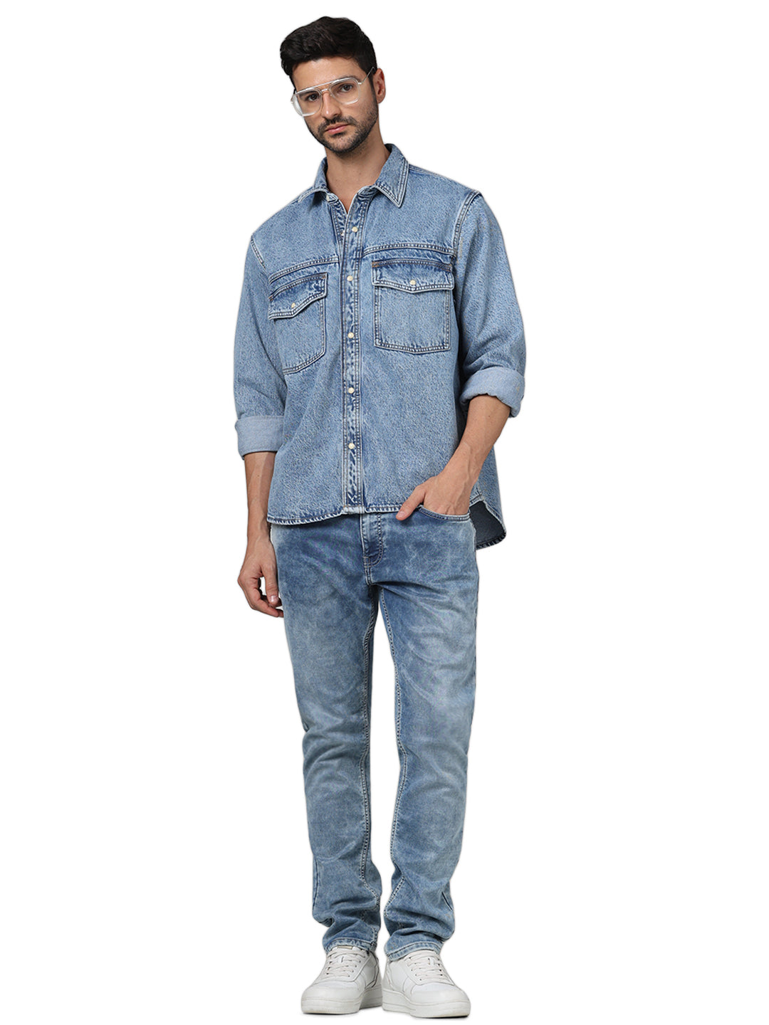Celio* Solid Oversized Cotton Blue Shirt