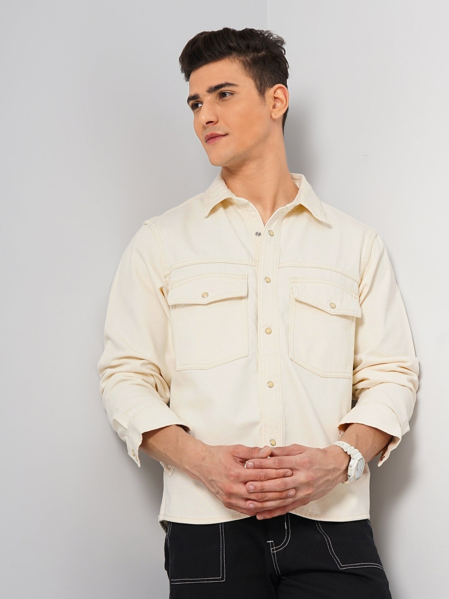 Celio* Solid Oversized Cotton Off White Shirt