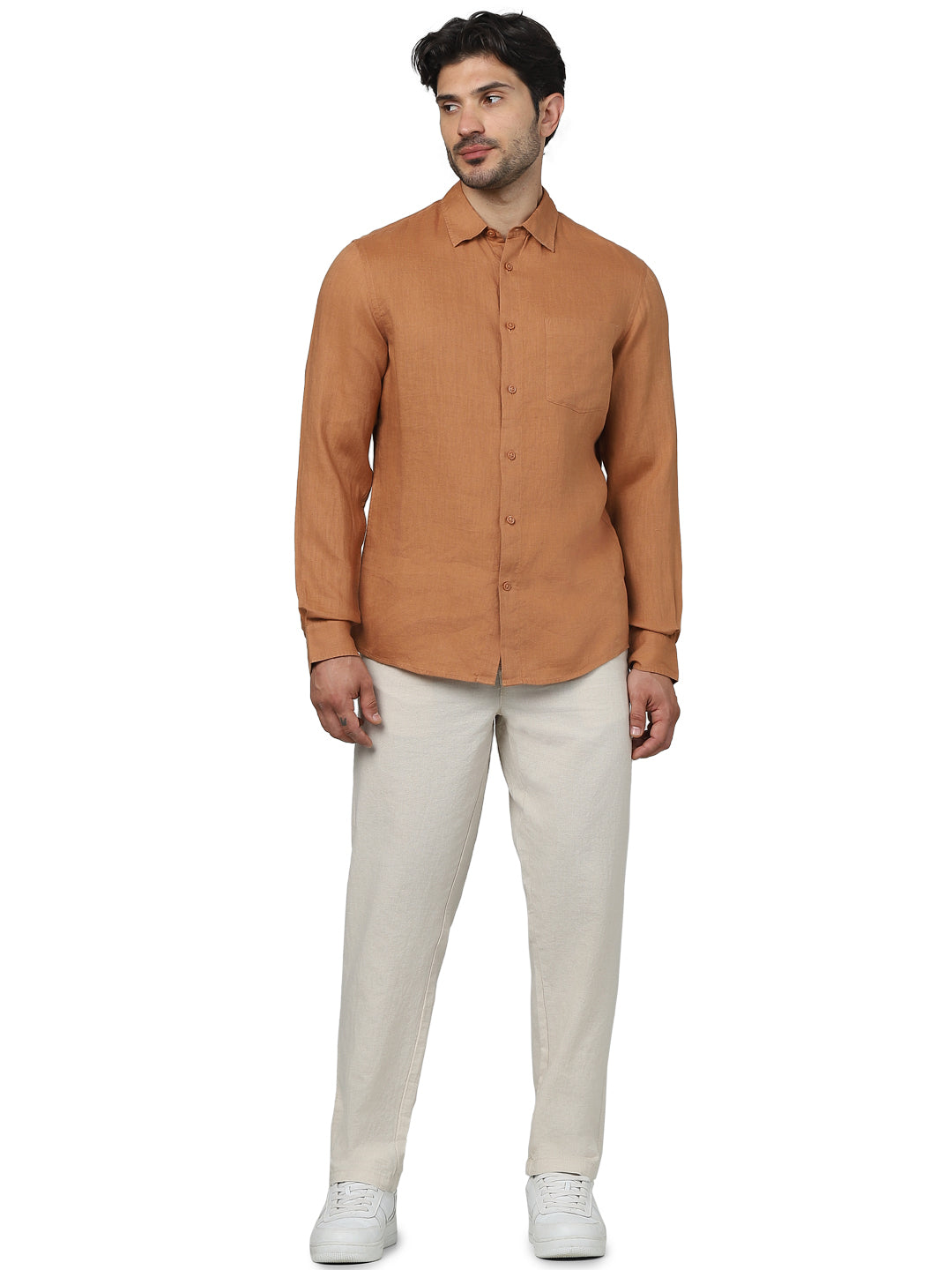 Celio* Solid Regular Fit Linen Brown Shirt