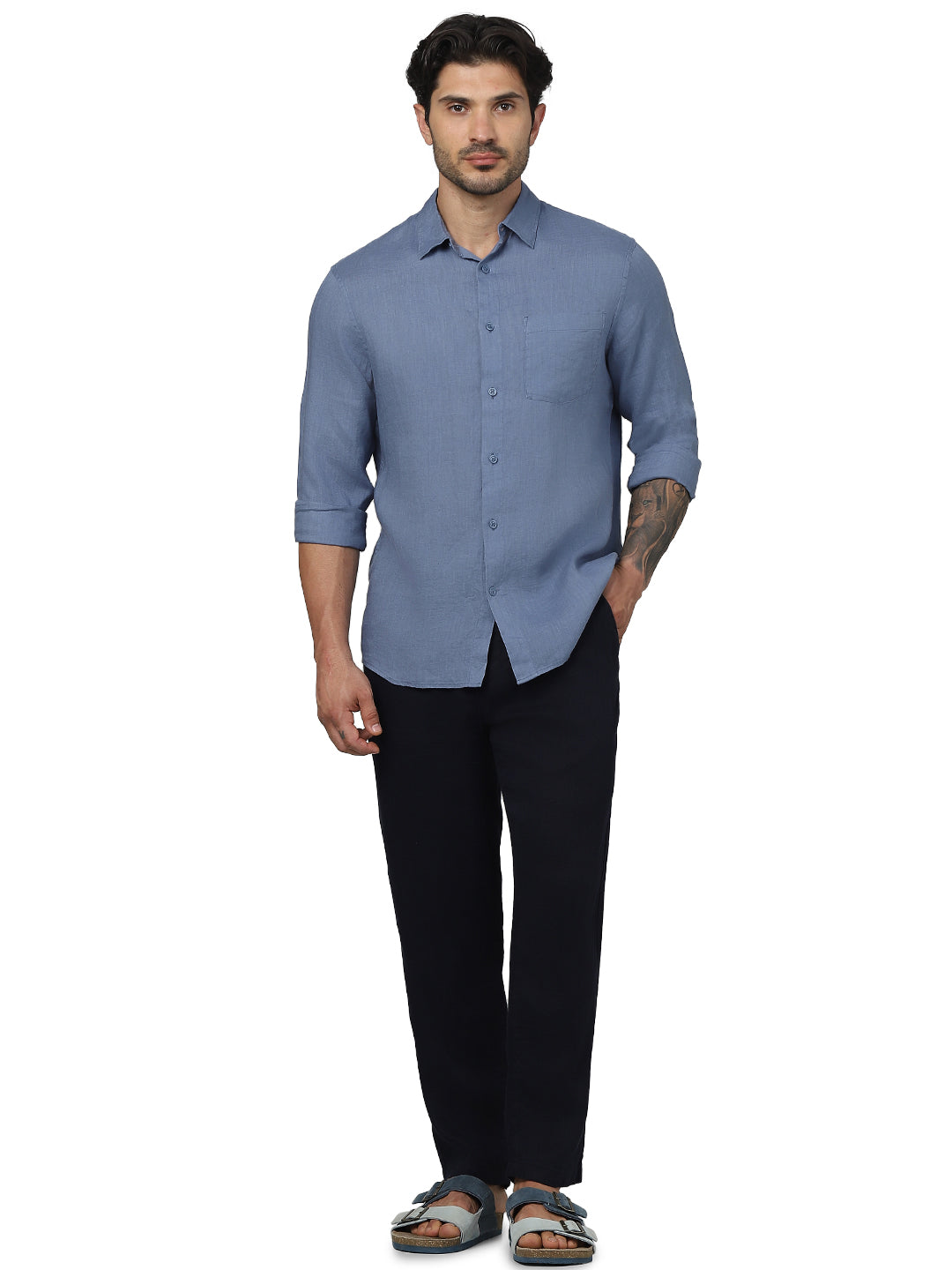 Celio* Solid Regular Fit Linen Blue Shirt