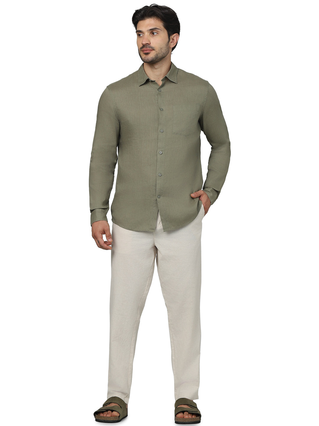 Celio* Solid Regular Fit Linen Khaki Shirt