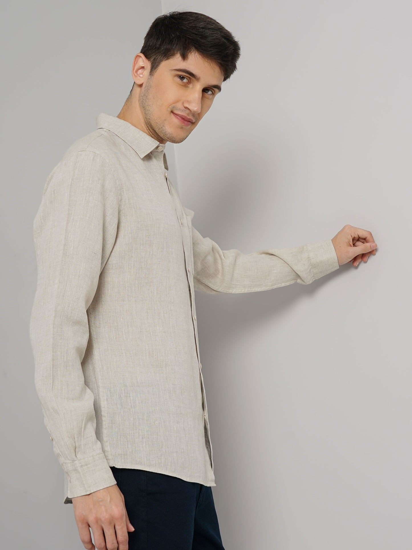 Celio* Solid Regular Fit Linen Beige Shirt