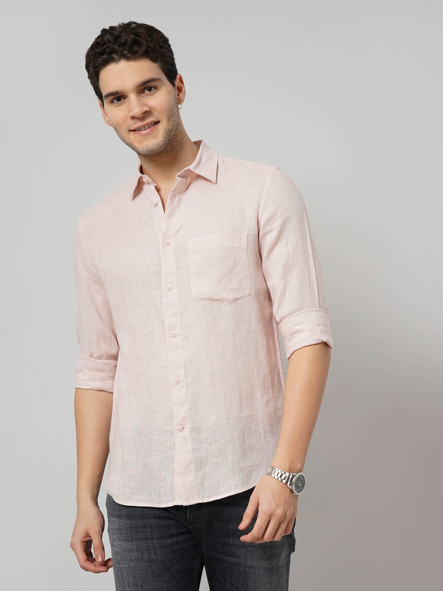 Celio* Solid Regular Fit Linen Pink Shirt