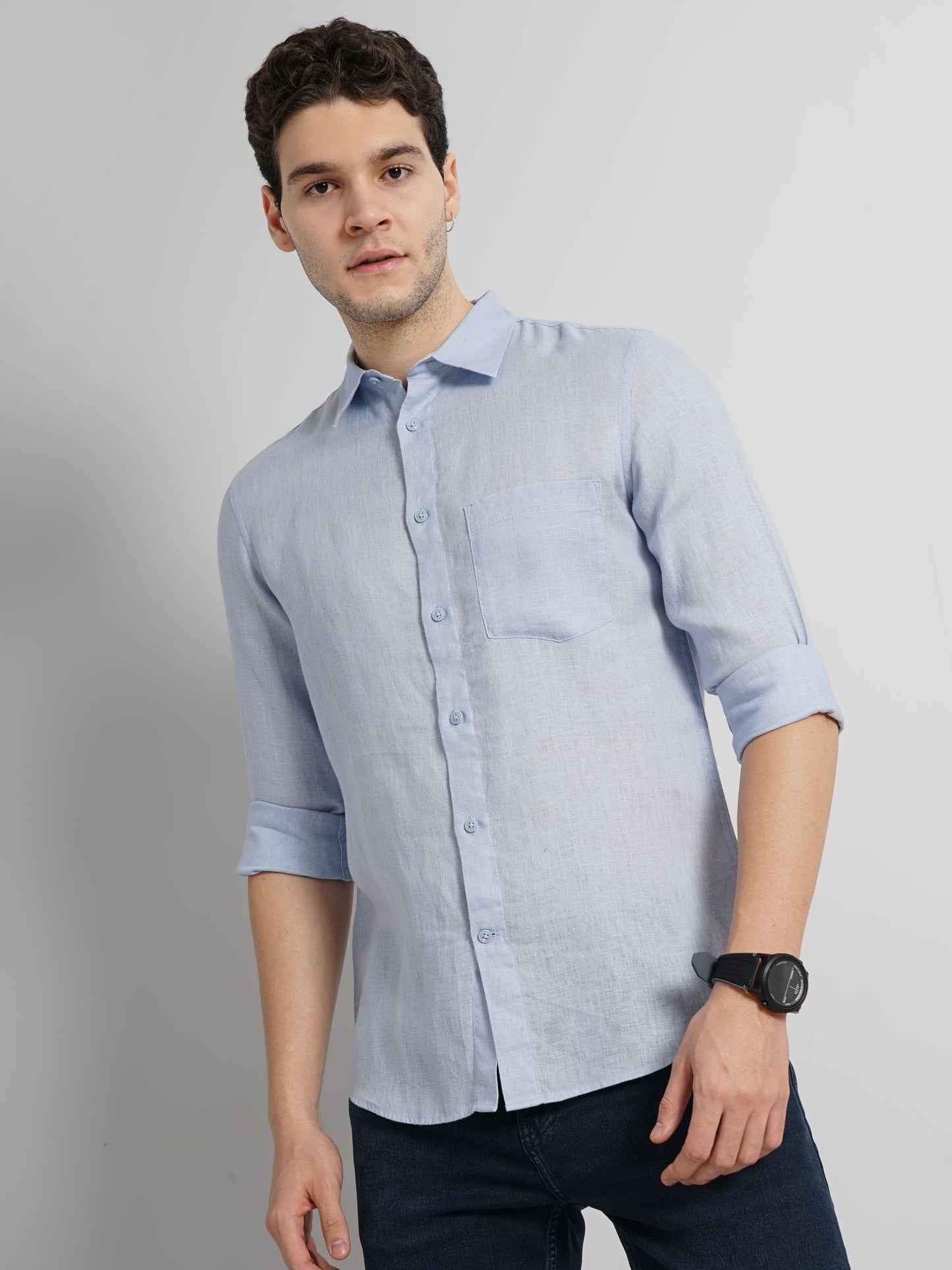 Celio* Solid Regular Fit Linen Blue Shirt
