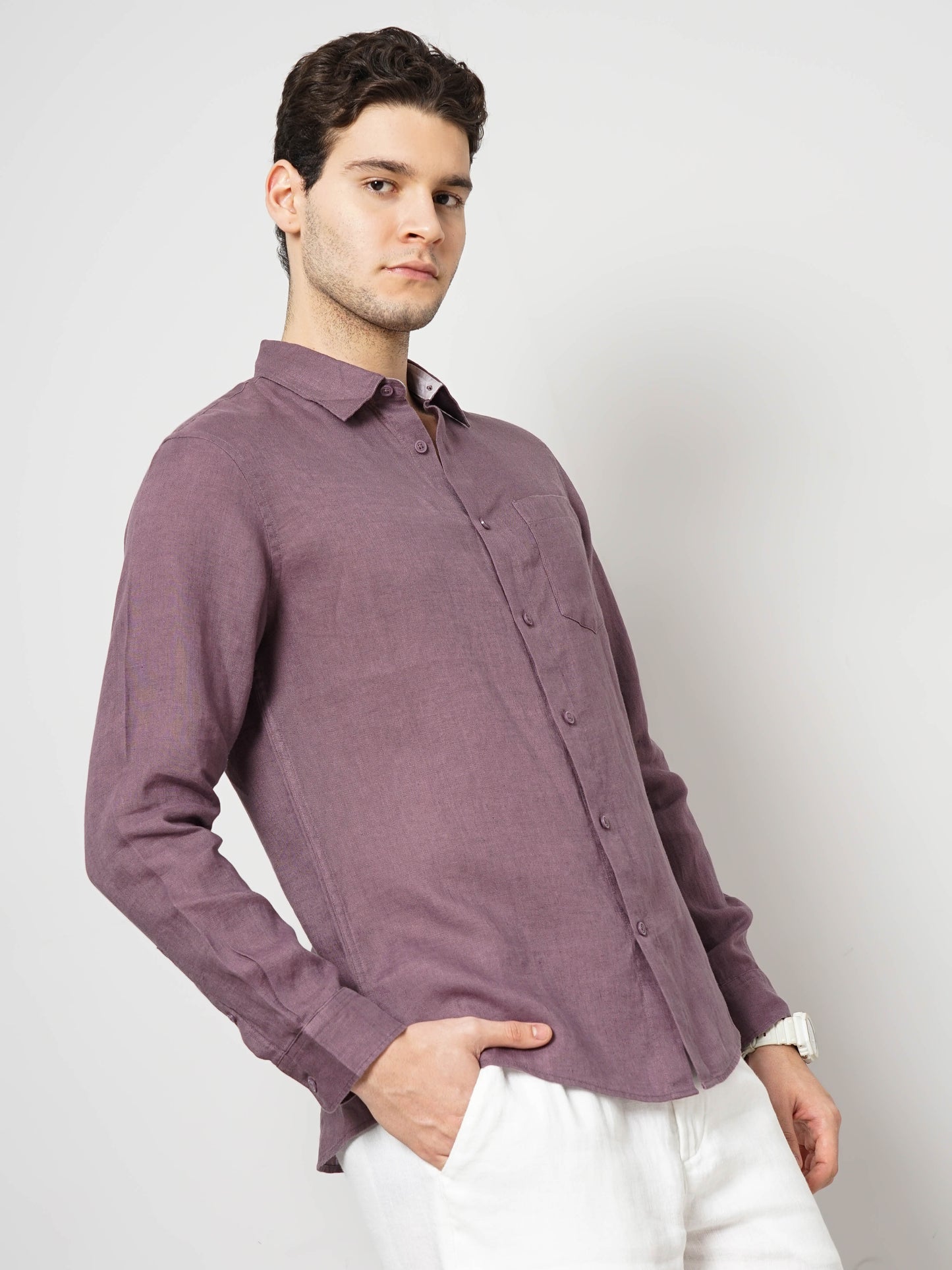 Celio* Solid Regular Fit Linen Purple Shirt