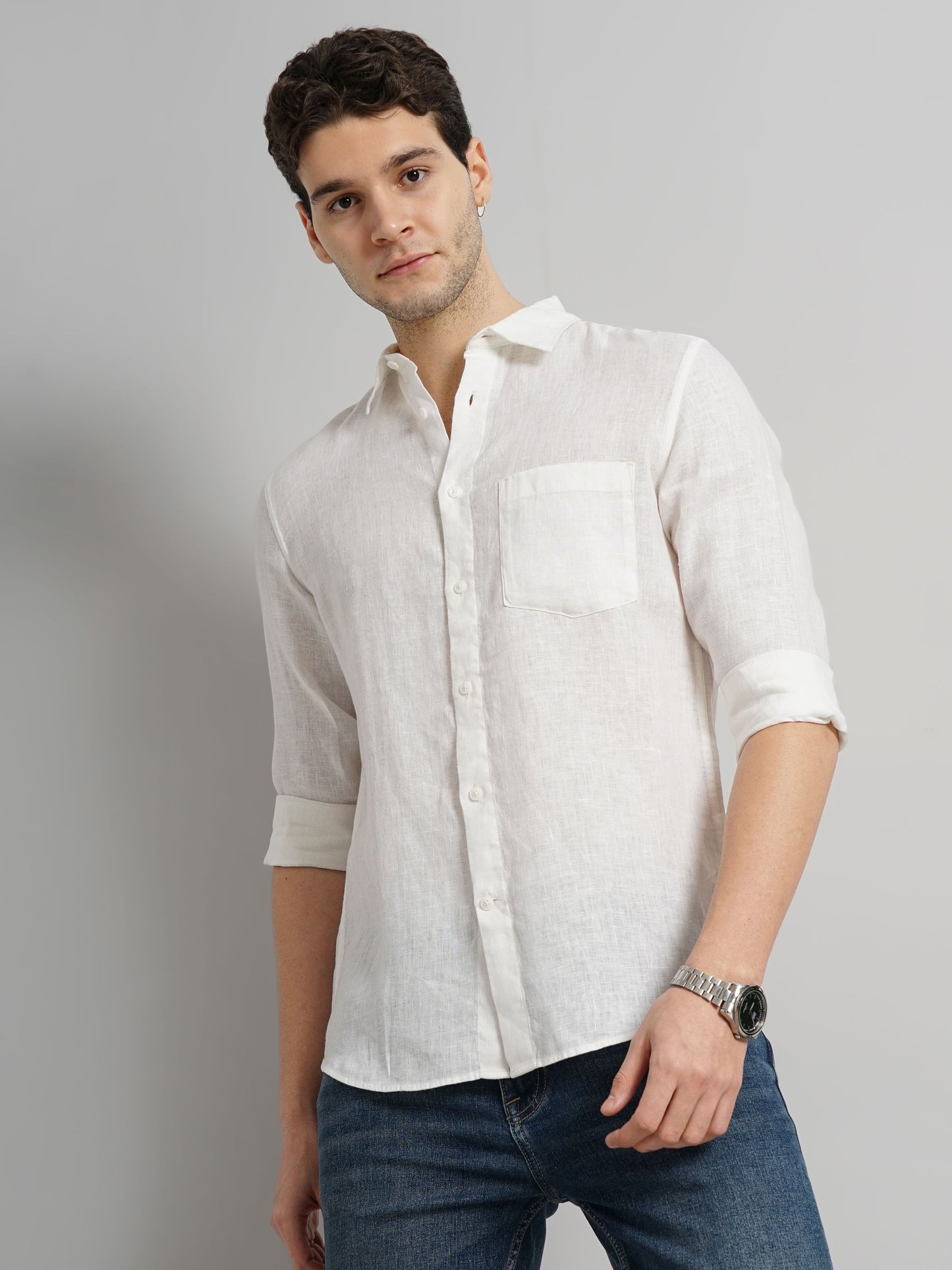 Celio* Solid Regular Fit Linen White Shirt