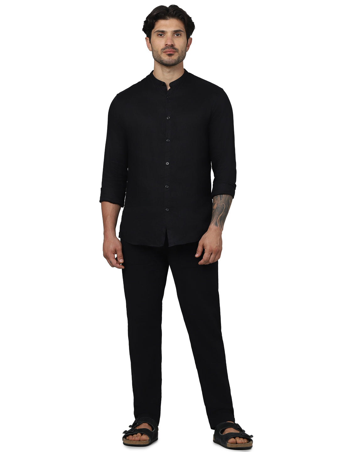 Celio* Solid Regular Fit Linen Black Shirt