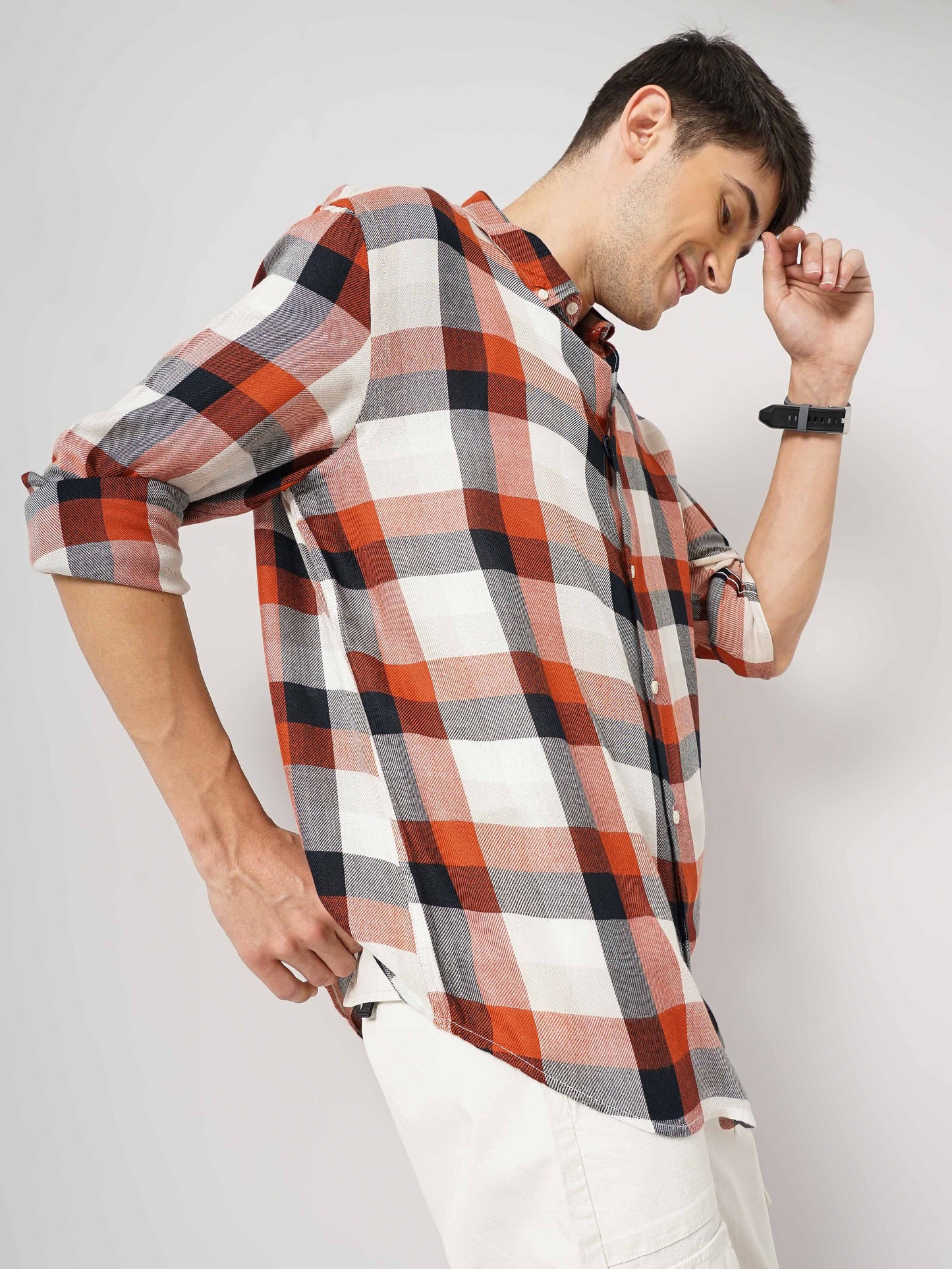 Celio* Checked Regular Fit Viscose Rust Shirt