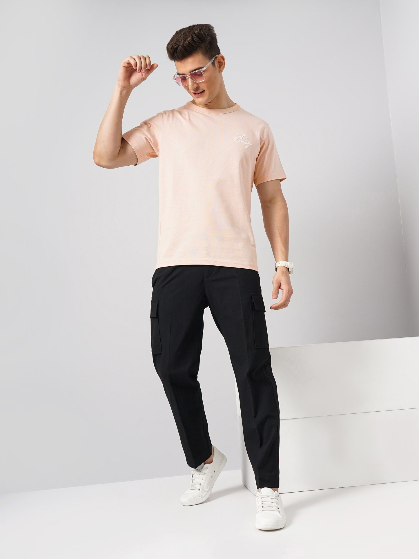 Celio* Solid Regular Fit Cotton Peach T-Shirt