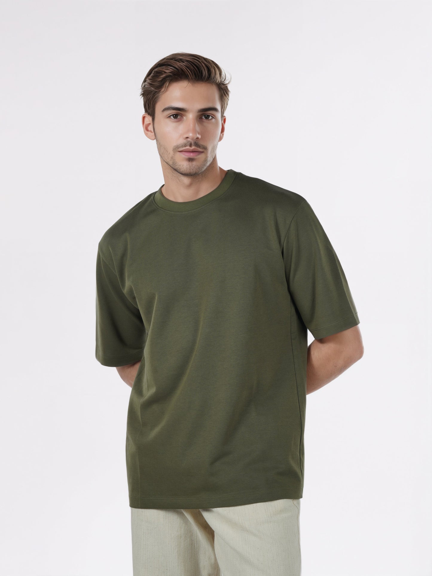 Celio* Men Olive Solid Oversized Cotton-Blend T-Shirts